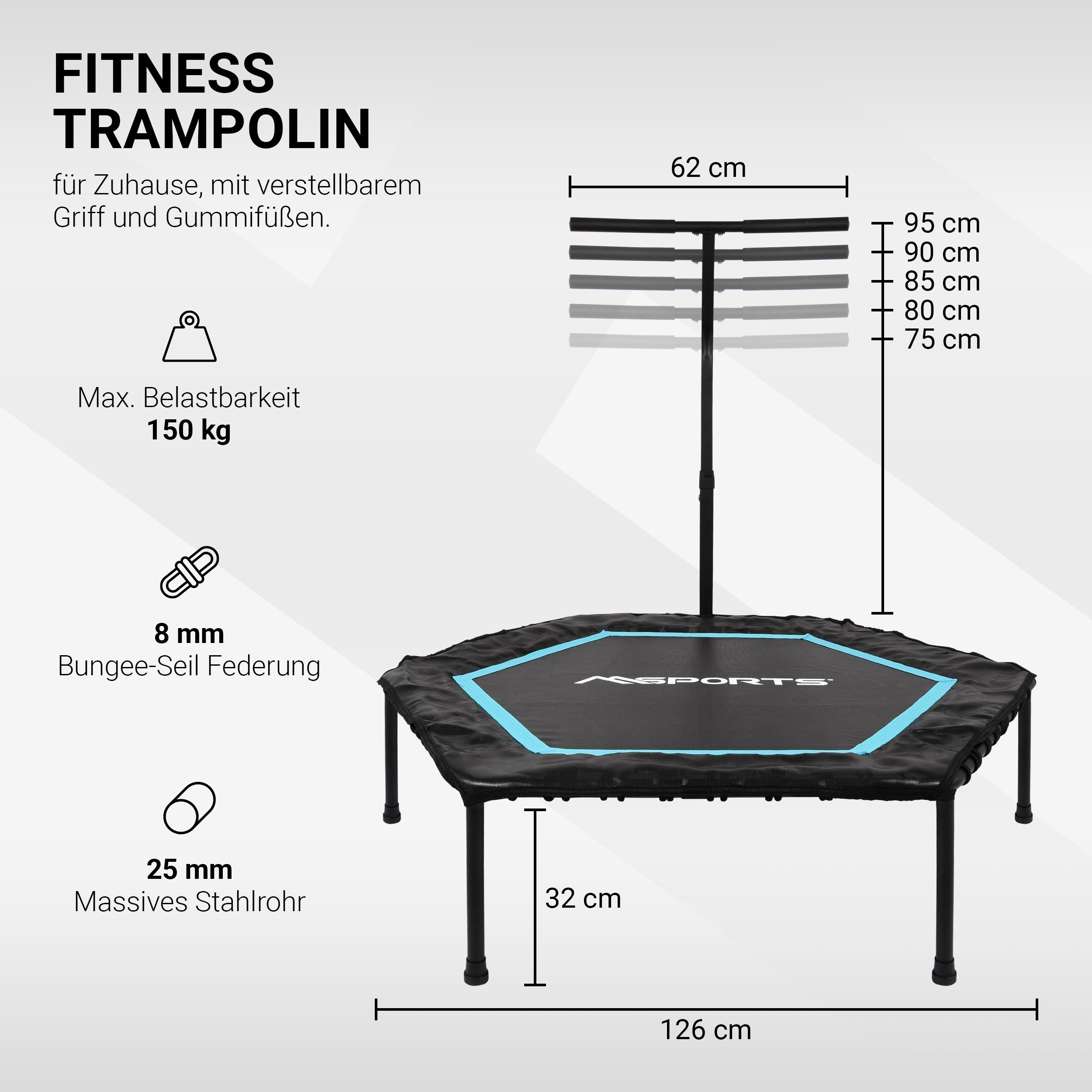 MSports® Fitnesstrampolin Fitness Trampolin mit Klappfunktion und Haltestange für Indoor und Outdoor, mit Höhenverstellung 150 kg Belastbarkeit