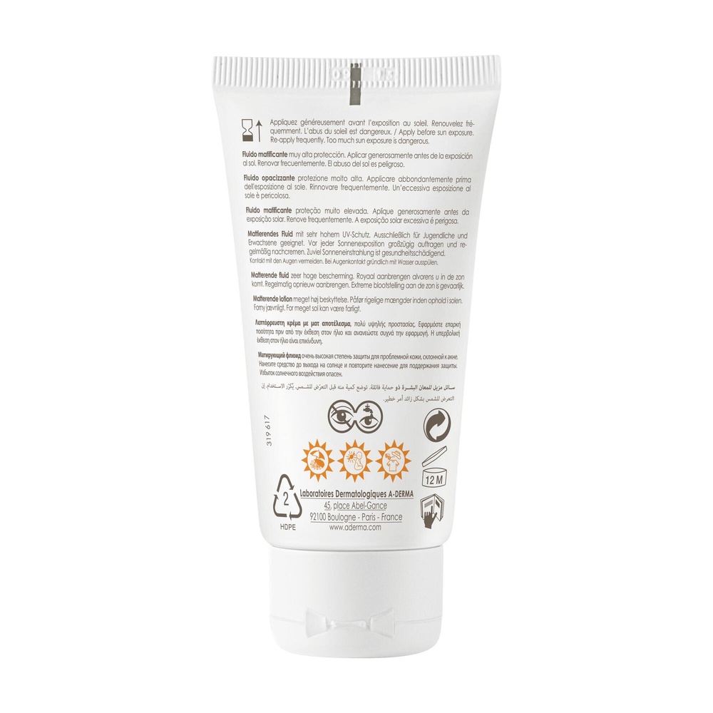 A-Derma PROTECT Fluide matifiant très haute prot ection AC 50+ 40ml Crème solaire