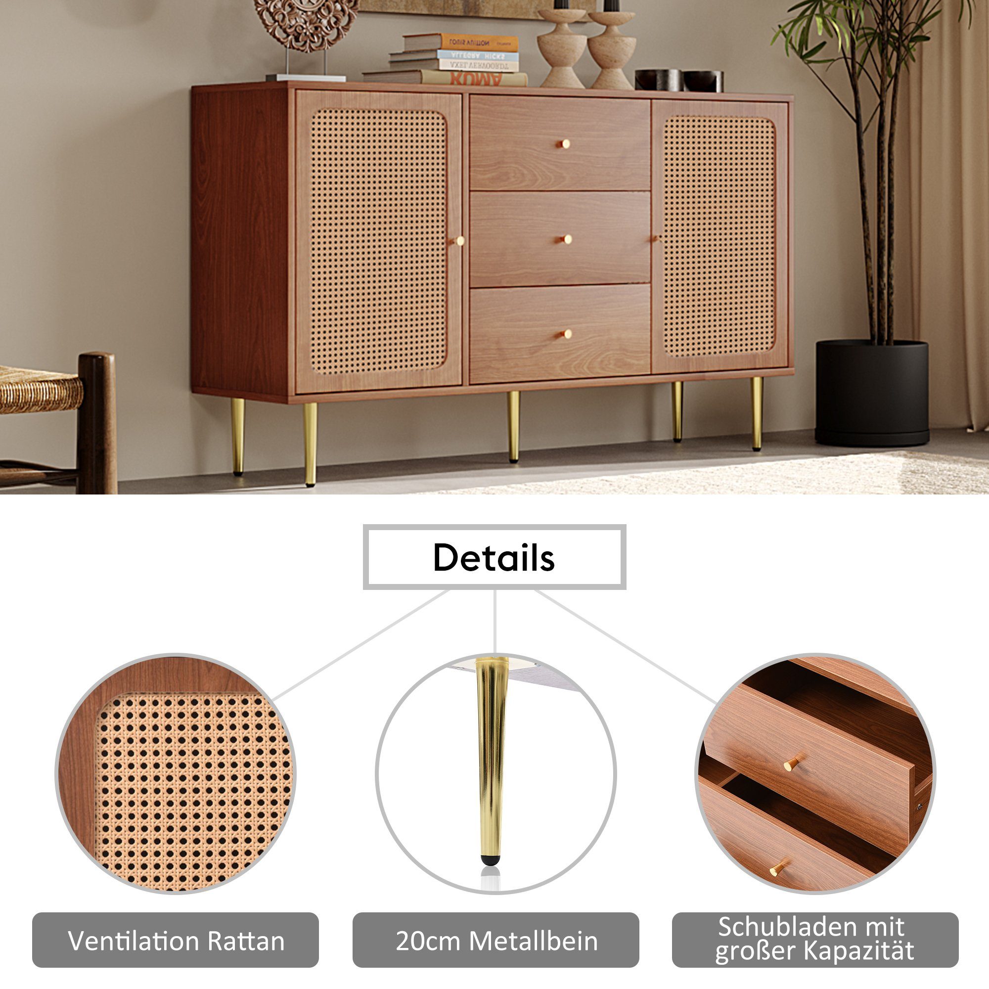 Flieks Kommode, Sideboard 3 Schubladen 2 Türen Rattan Nussbaum 150x40x90cm