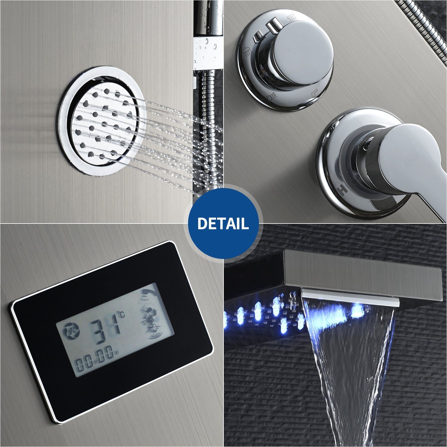Auralum Duschsystem 5-Funktion LED Duschpaneel Badezimmer mit Dusch Duschsäule Handbrause, Edelstahl Duschset, Wassertemperatur-Display