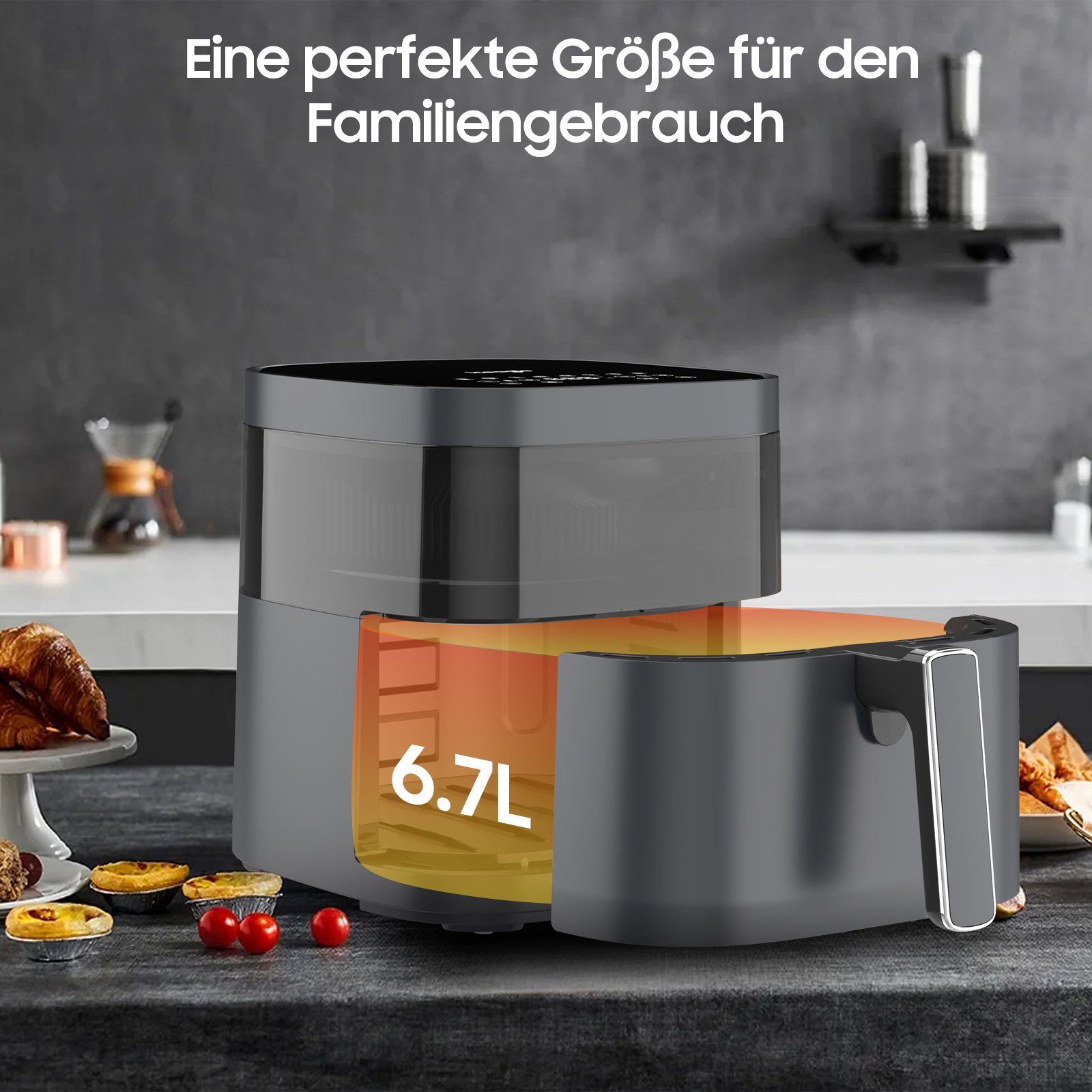 iceagle Heißluftfritteuse AirFryer KDF-615A 6.7L Heißluftfritteuse Luftfritteuse, 1700,00 W, Sichtbares Sichtfenster, 8 Voreingestellte Funktionen, Digitalem LED-Touchscreen, Einstellbare Temperaturregelung, Grau