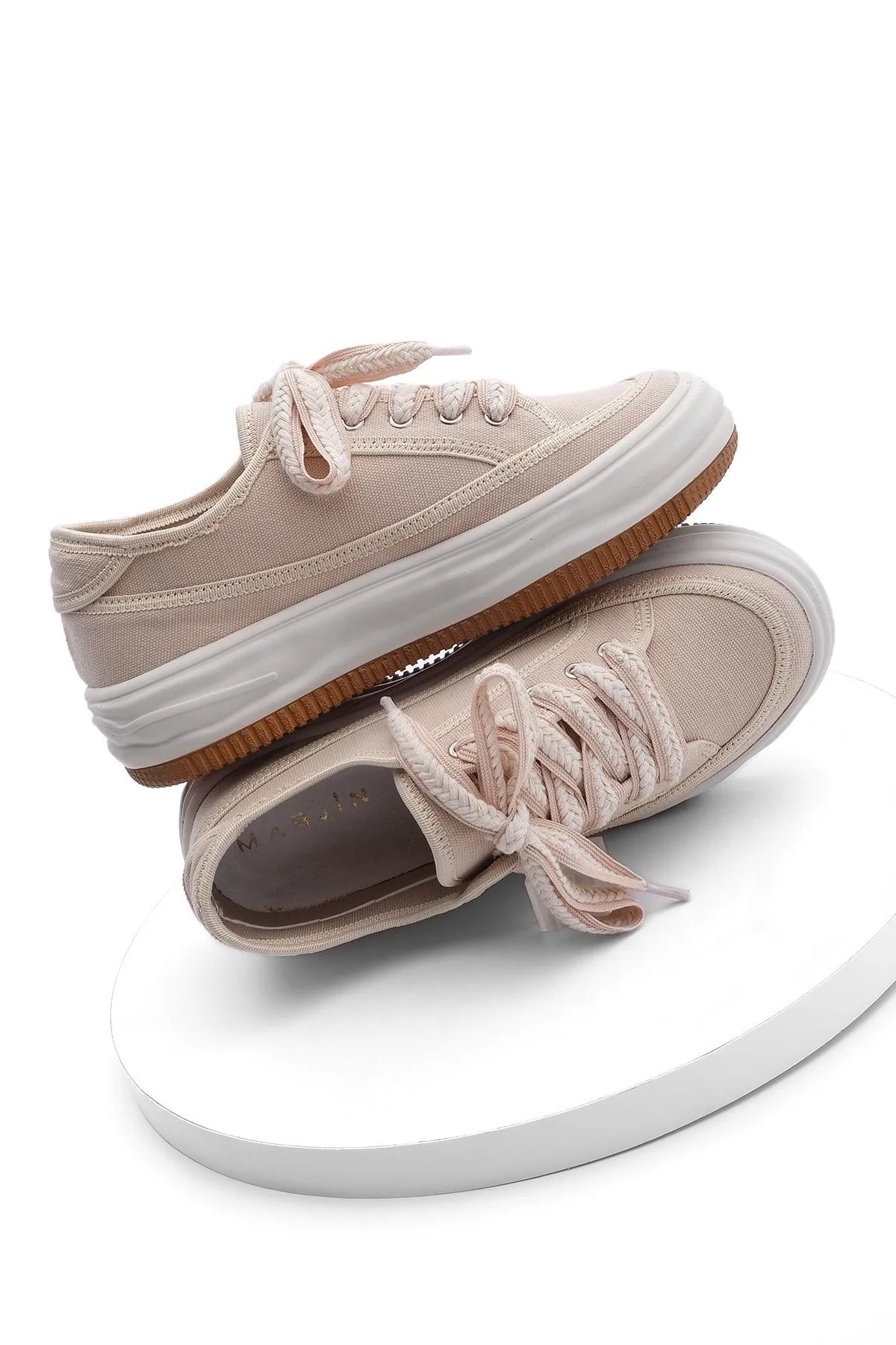 Marjin  Damen-Sneaker, hohe Sohle, Schnür-Sportschuhe aus Stoff, Kotnel beige