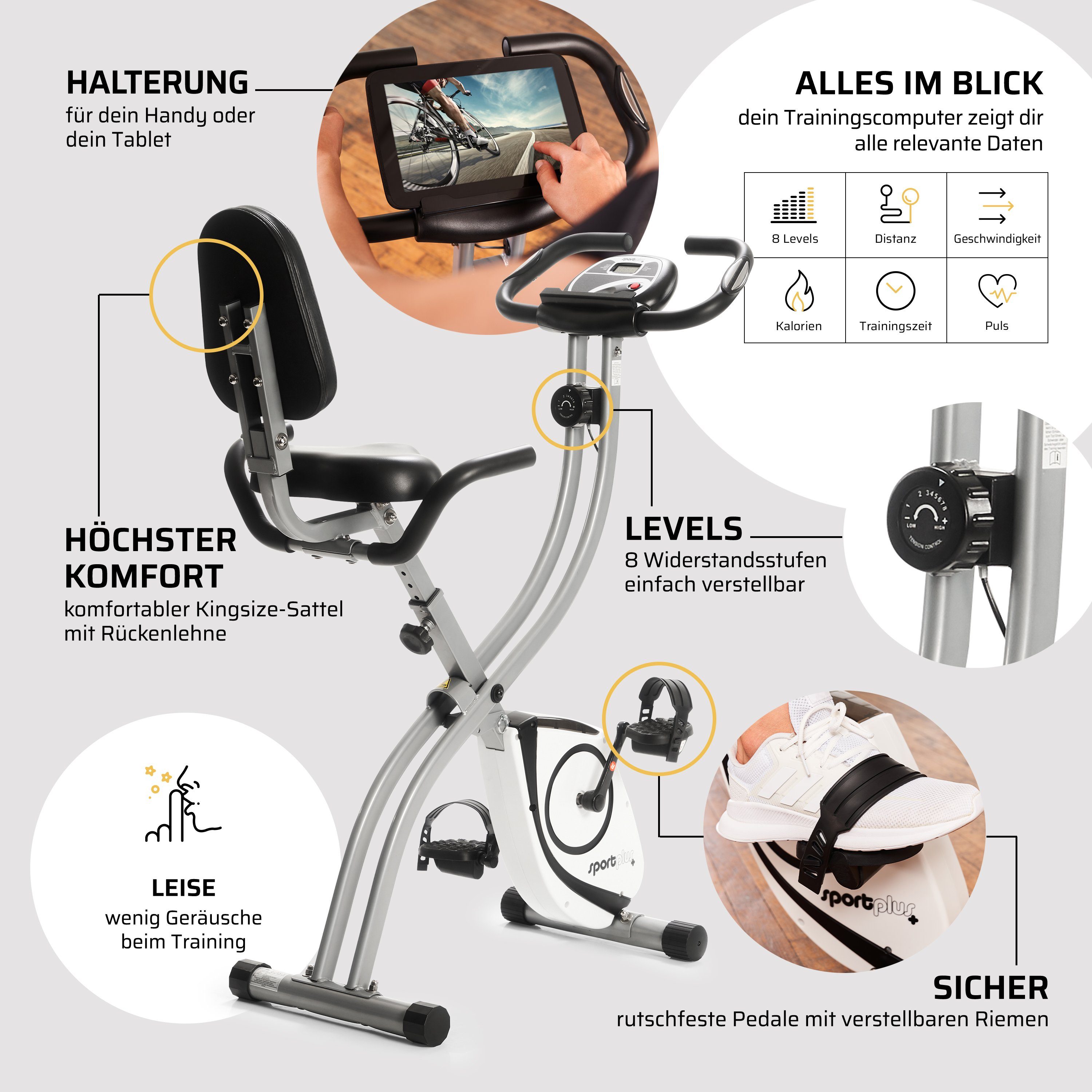 SportPlus Heimtrainer SP-HT-1003, Heimtrainer, klappbar für zuhause, Rückenlehne, SP-HT-1003