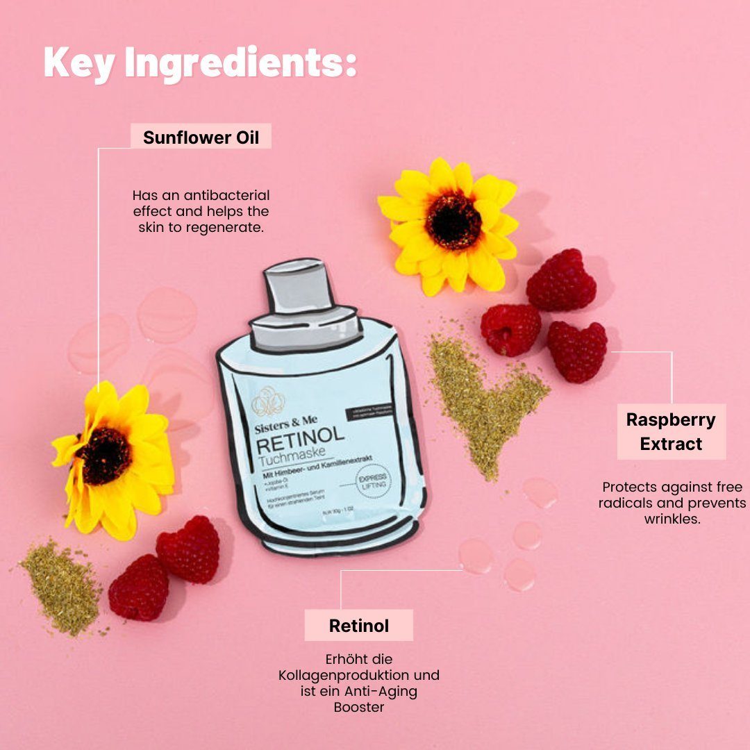Sisters & Me Gesichtsmaske 5x Sisters & Me Retinol Serum Maske für Gesicht, Anti-Aging, 5-tlg.