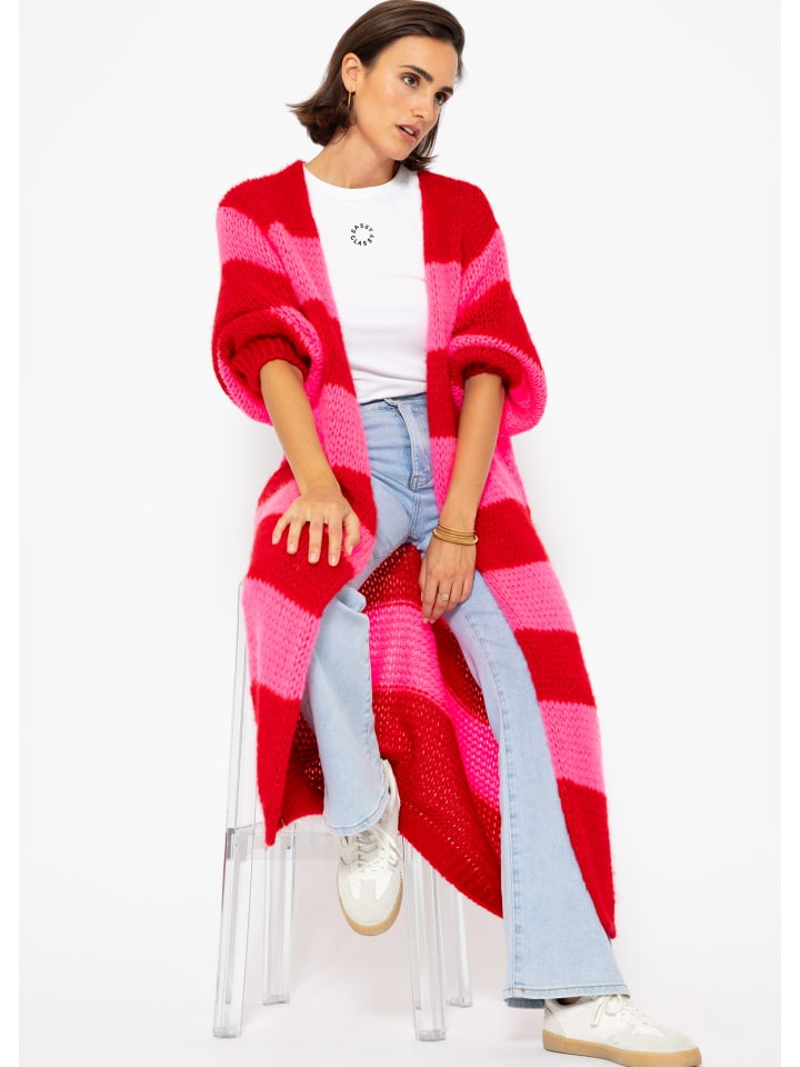 SASSYCLASSY Langer Cardigan mit Blockstreifen in Rot günstig kaufen