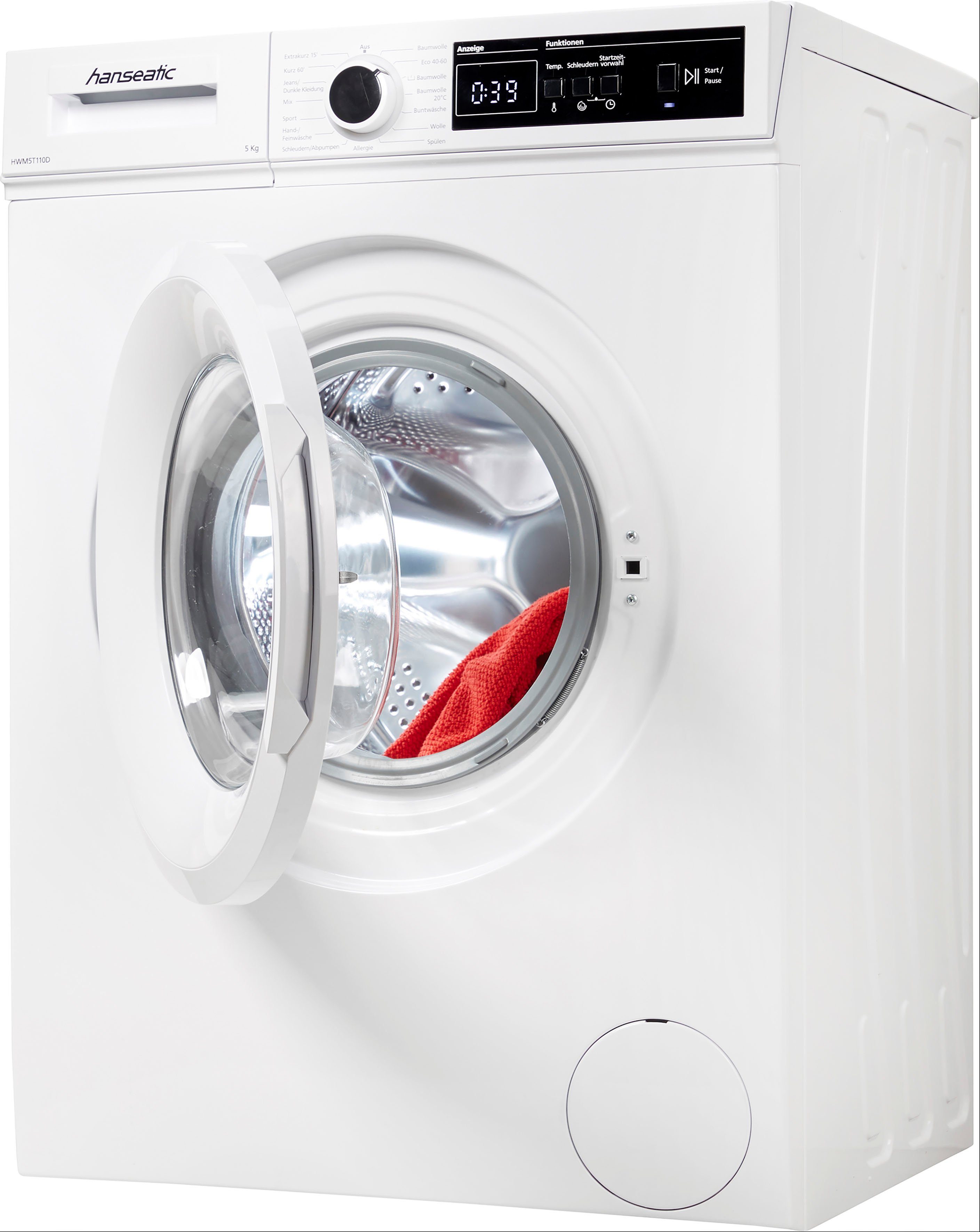 Hanseatic Waschmaschine HWM5T110D, 5 kg, 1000 U/min, Dynamische Mengenautomatik, Allergieprogramm, Überlaufschutzprogramm
