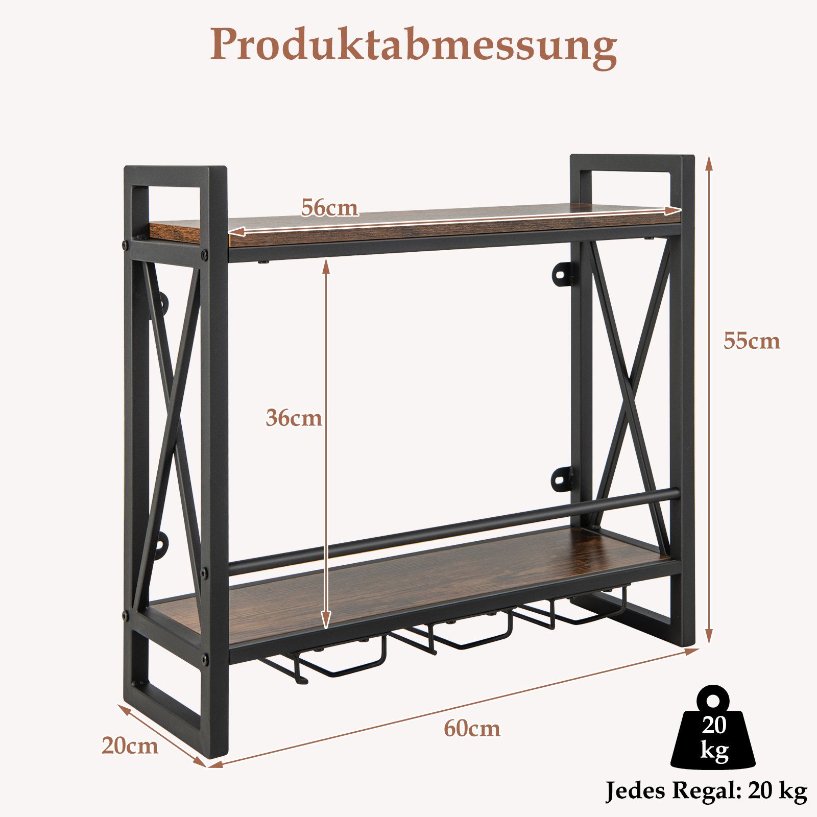 COSTWAY Weinregal, Wand, Holz mit Metallrahmen, Weingläserhalter, 20x60x55cm