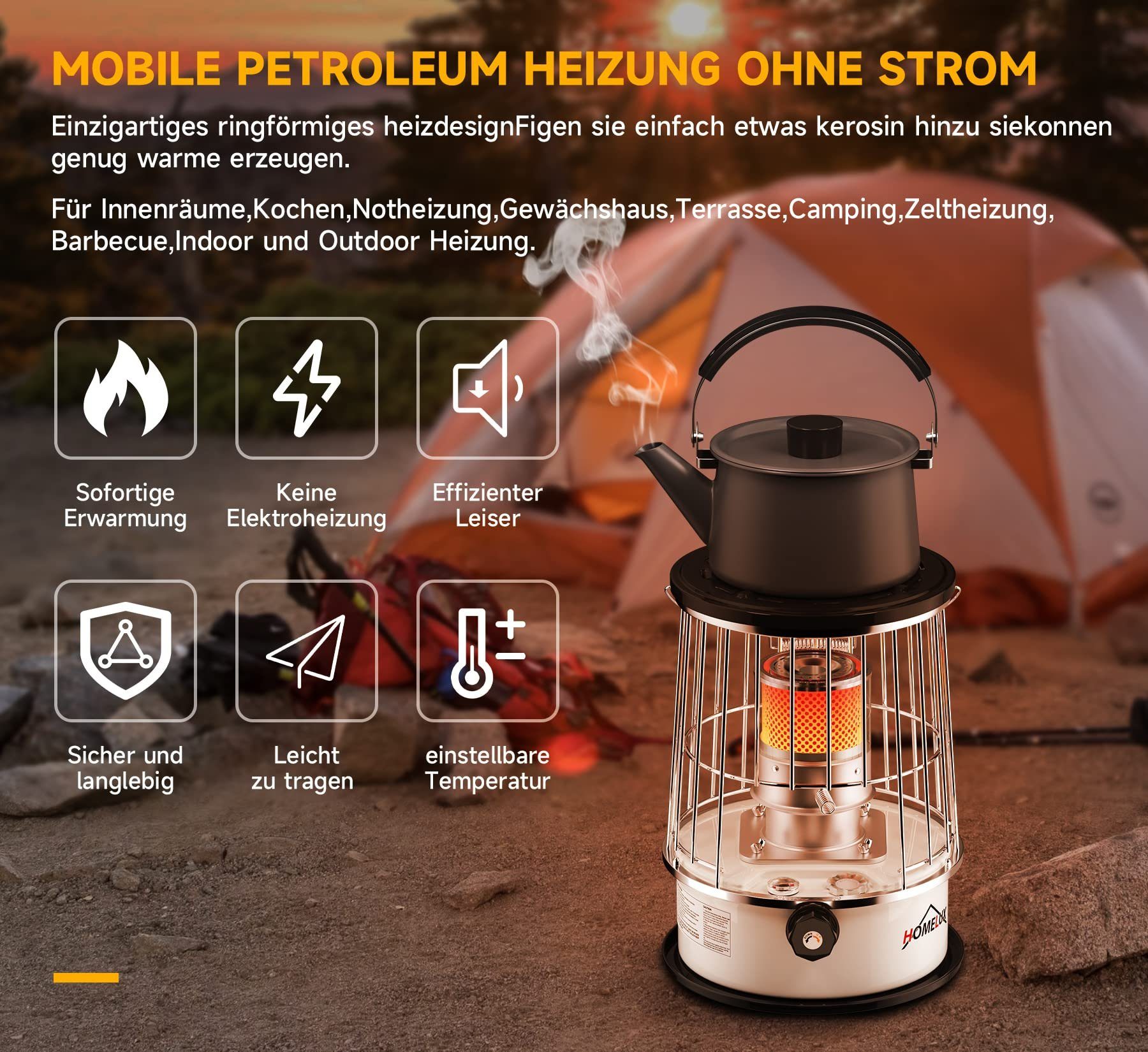 HOMELUX Heizlüfter Petroleumofen für innenräume, 9.000 BTU/h Mobile Petroleum Heizung, Ohne Strom, mit Kleidersack,Schornstein aus gehärtetem Glas