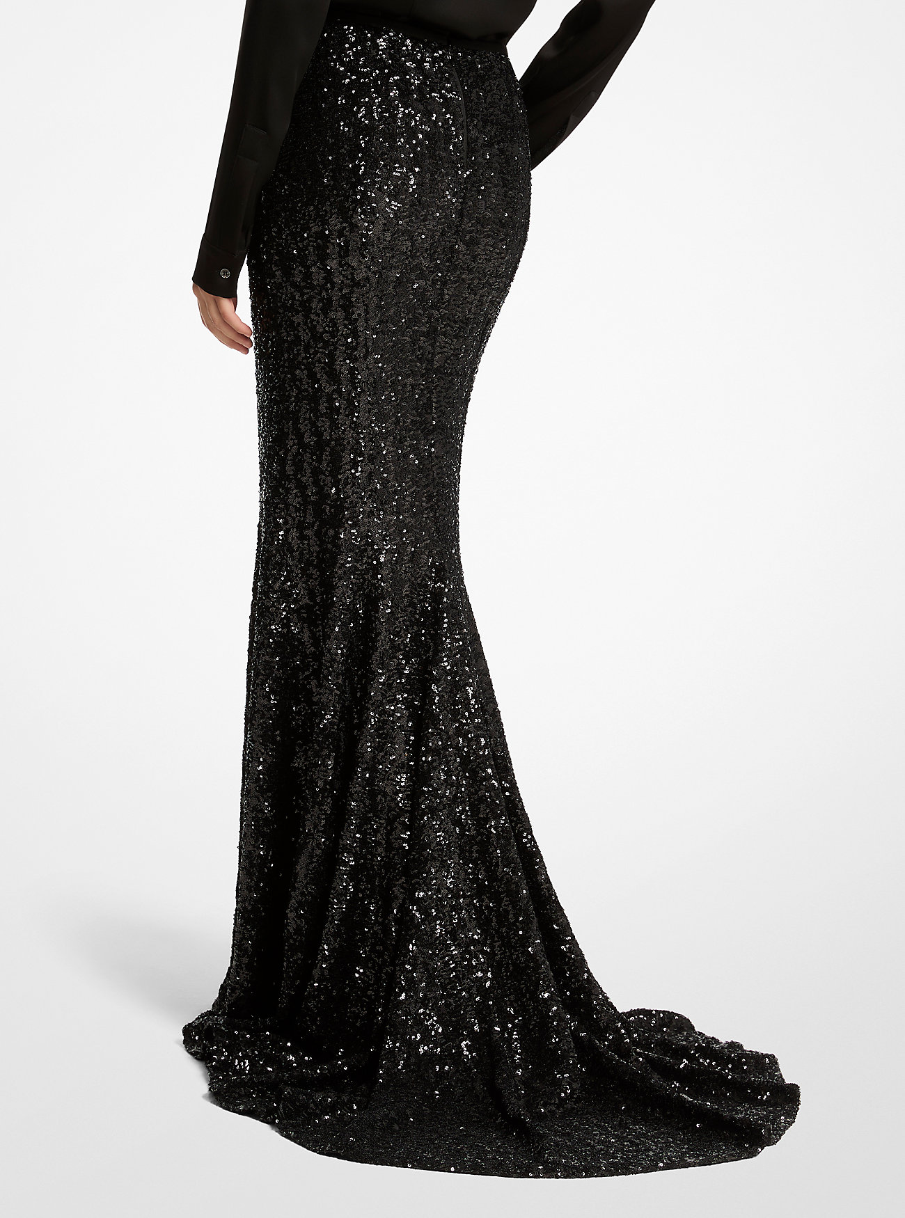 Sequin Embroidered Stretch Fishtail Skirt - BLACK
