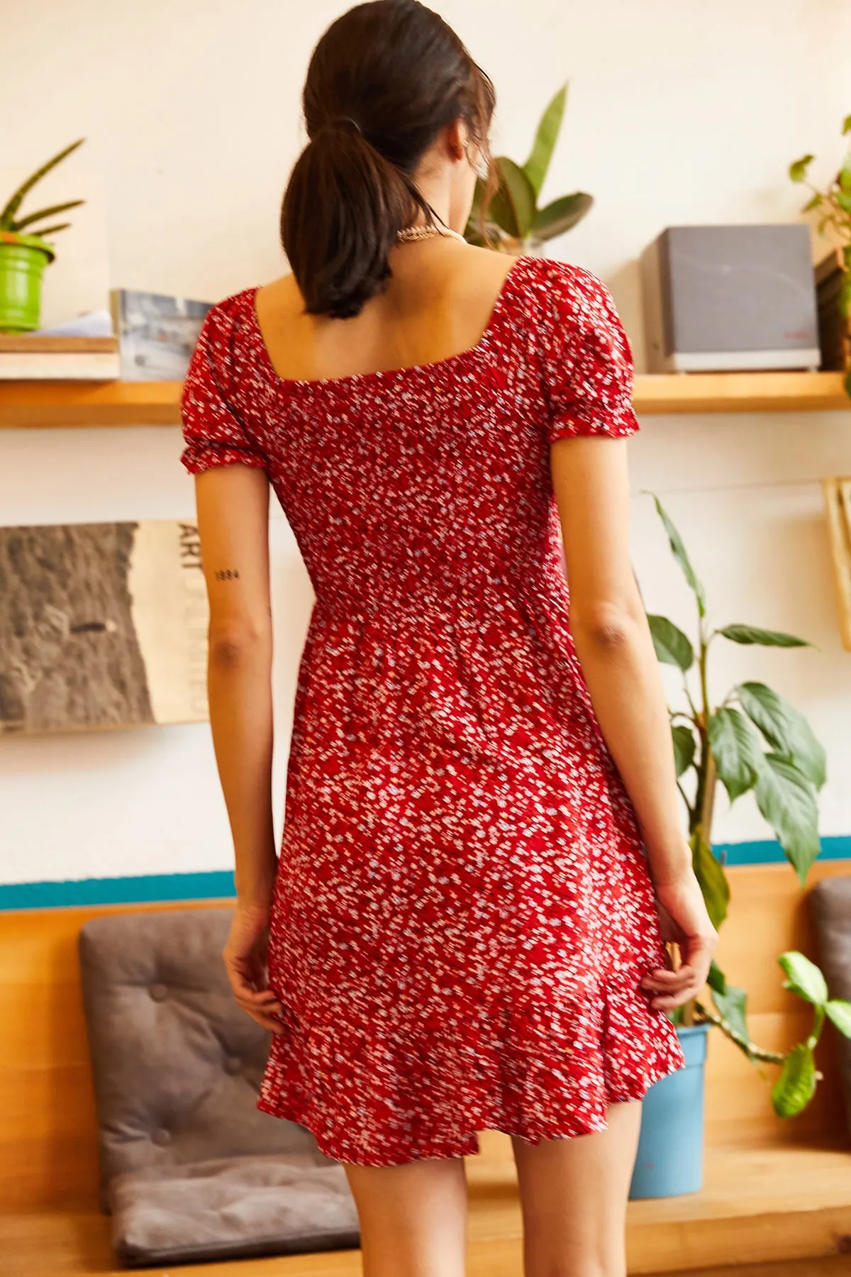 Olalook  Rotes ausgestelltes Kleid mit Gimped-Kragen und Bindegürtel für Damen ELB-19001190