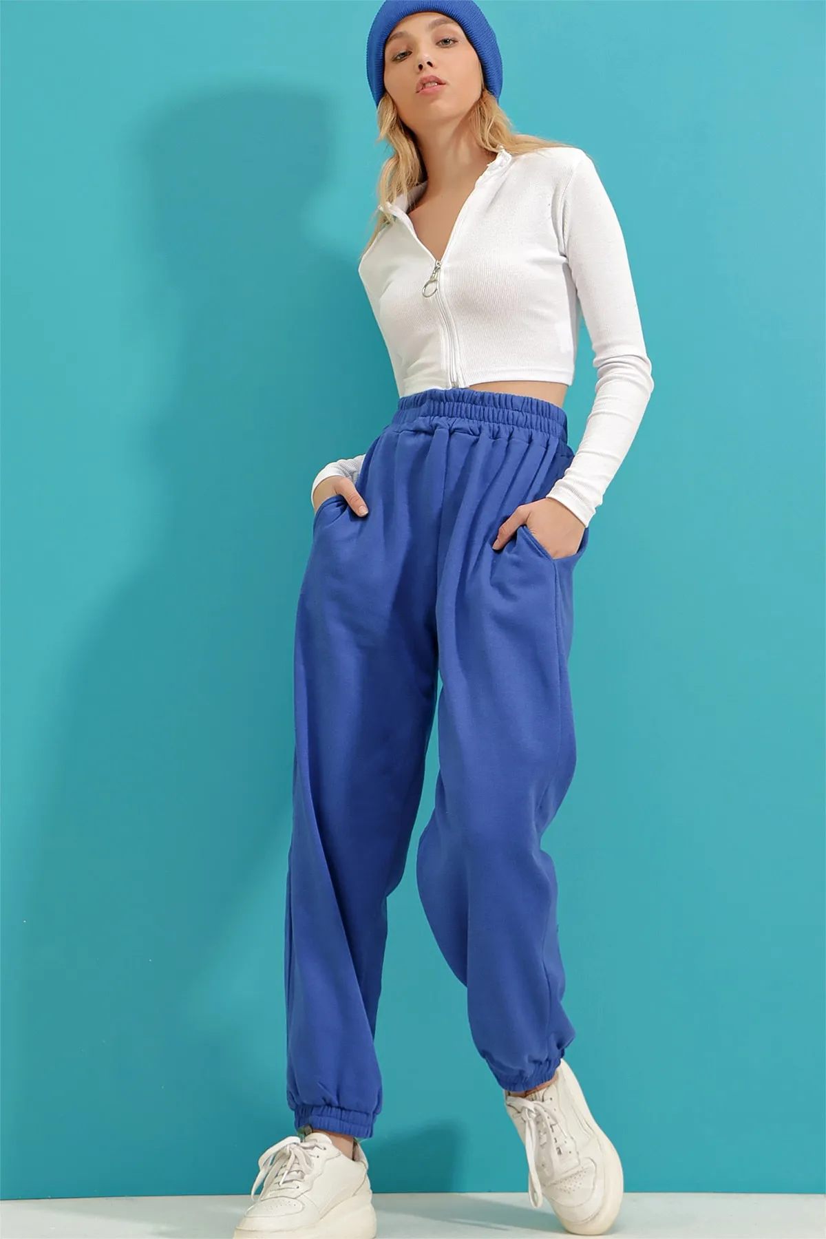 Trend Alaçatı Stili  Damen Saks Jogginghose mit hoher Taille, zwei Taschen, gerippter Innenseite, ALC-X9365