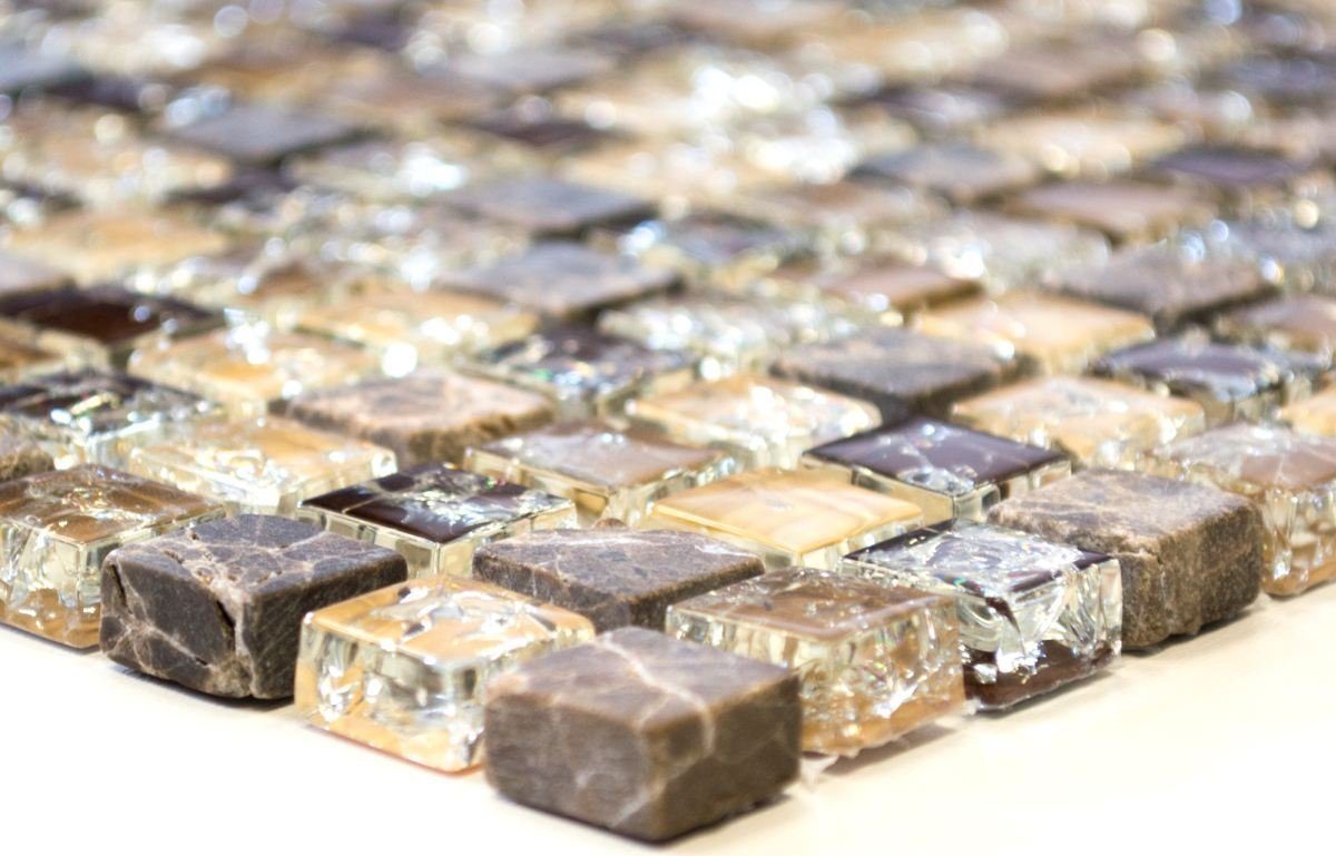 Mosani Mosaikfliesen Glasmosaik Naturstein Mosaik dunkelbeige glänzend / 10 Matten