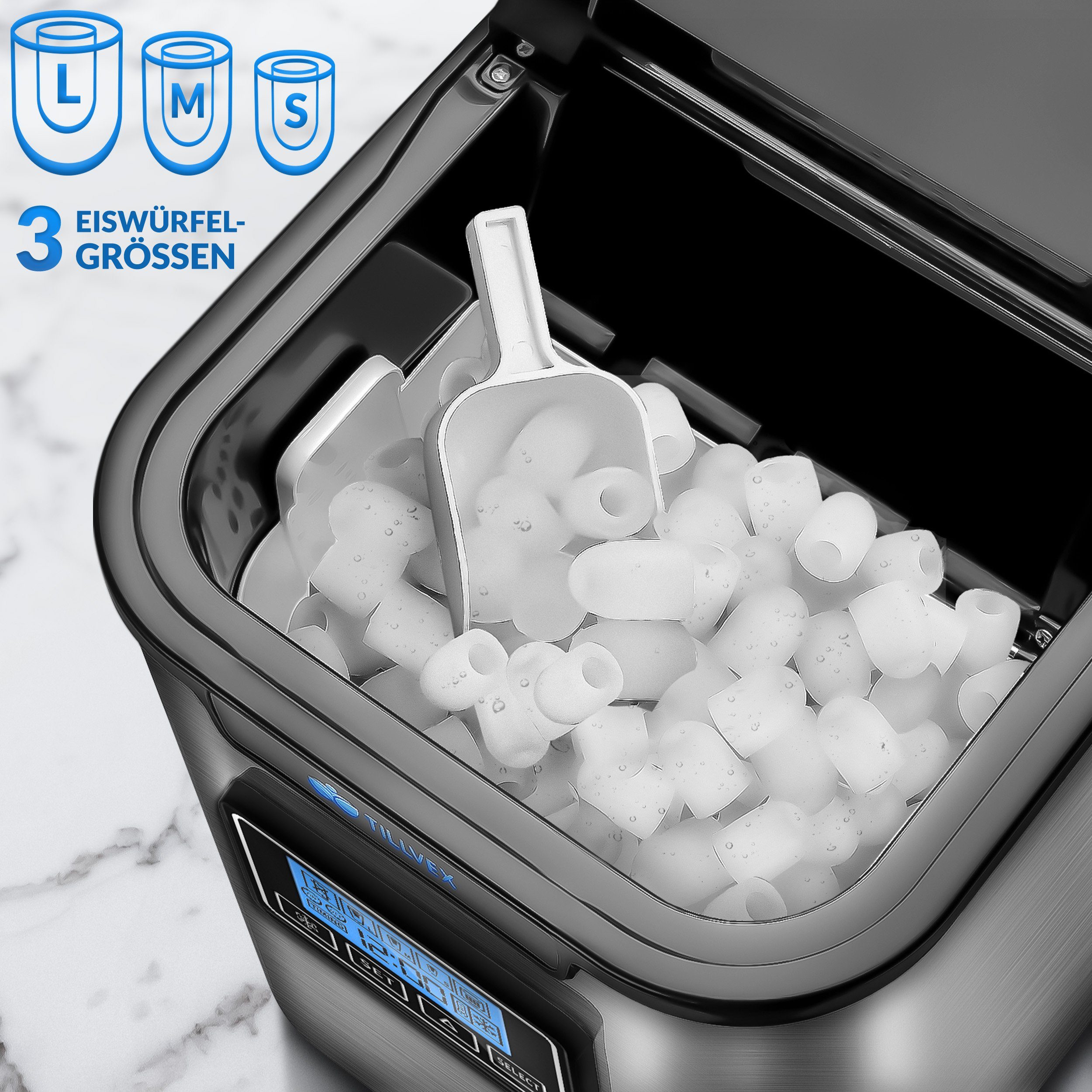 tillvex Eiswürfelmaschine Edelstahl 12 kg - 24h, Eiswürfelbereiter mit Timer, 2,2 Liter Wassertank, Ice-Maker LCD-Display