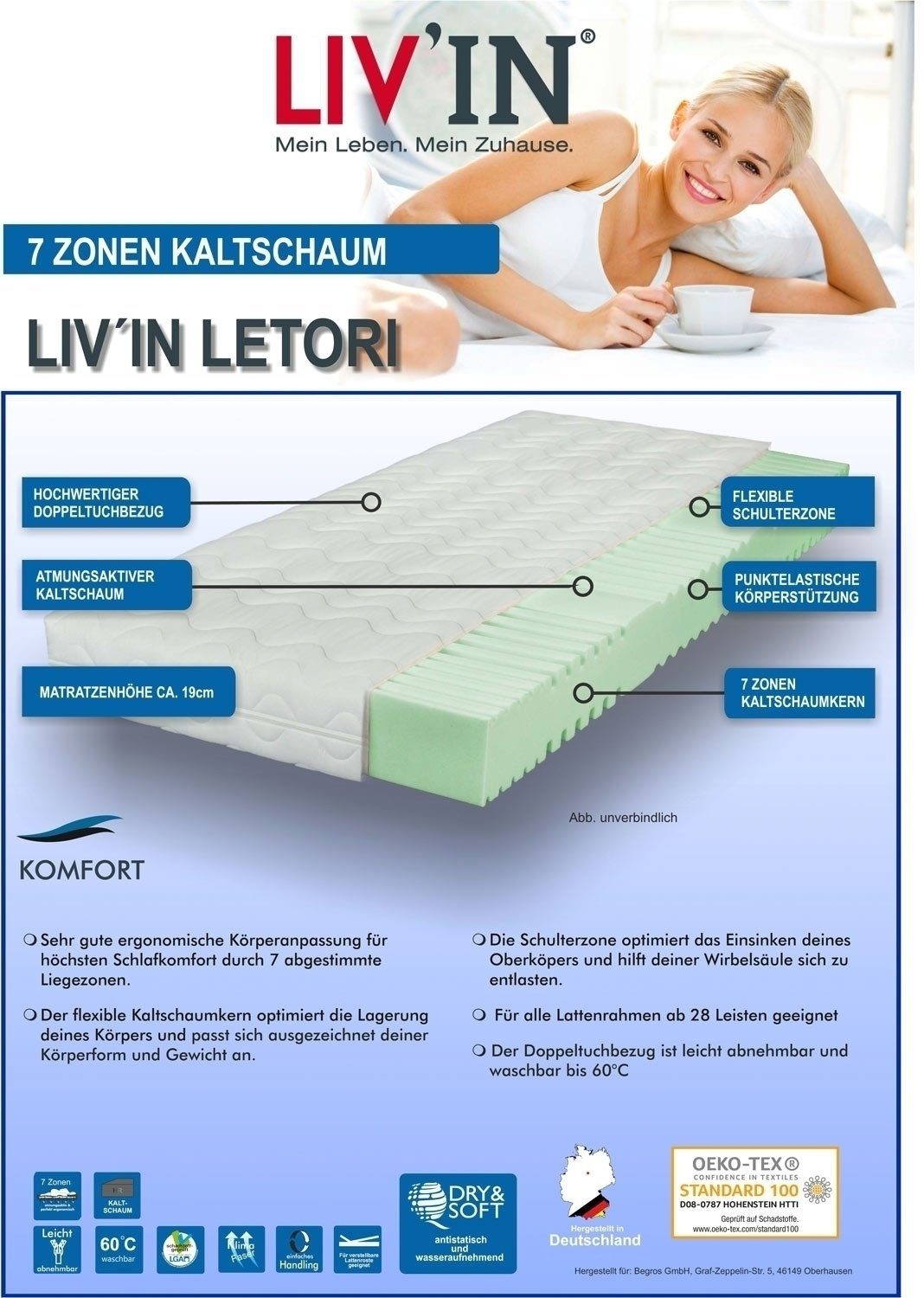Kaltschaummatratze Kaltschaummatratze, LADINA, Kunstfaser, 19,00 cm hoch