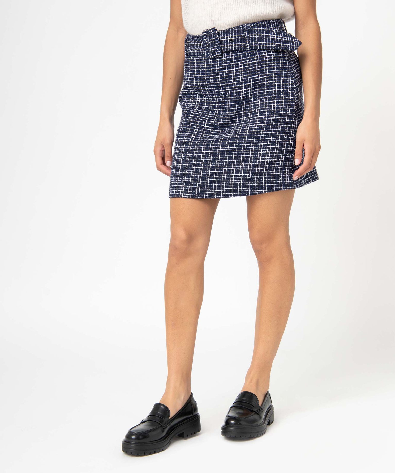 Jupe femme aspect tweed avec large ceinture à boucle bleu | GEMO