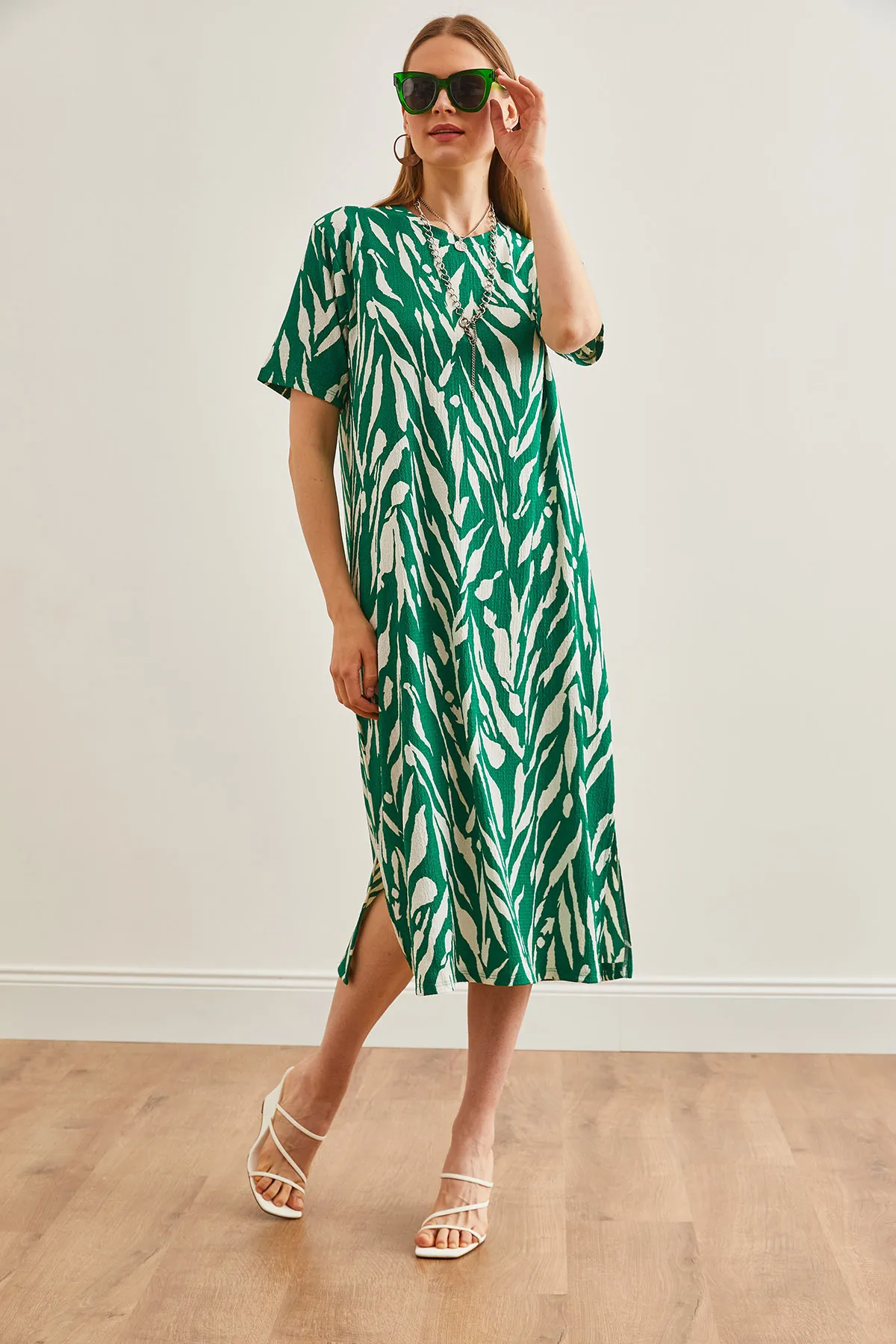 Olalook  Blatt Smaragdgrün Oversize Baumwolle Damen Kleid - Seitenschlitz ELB-19001880