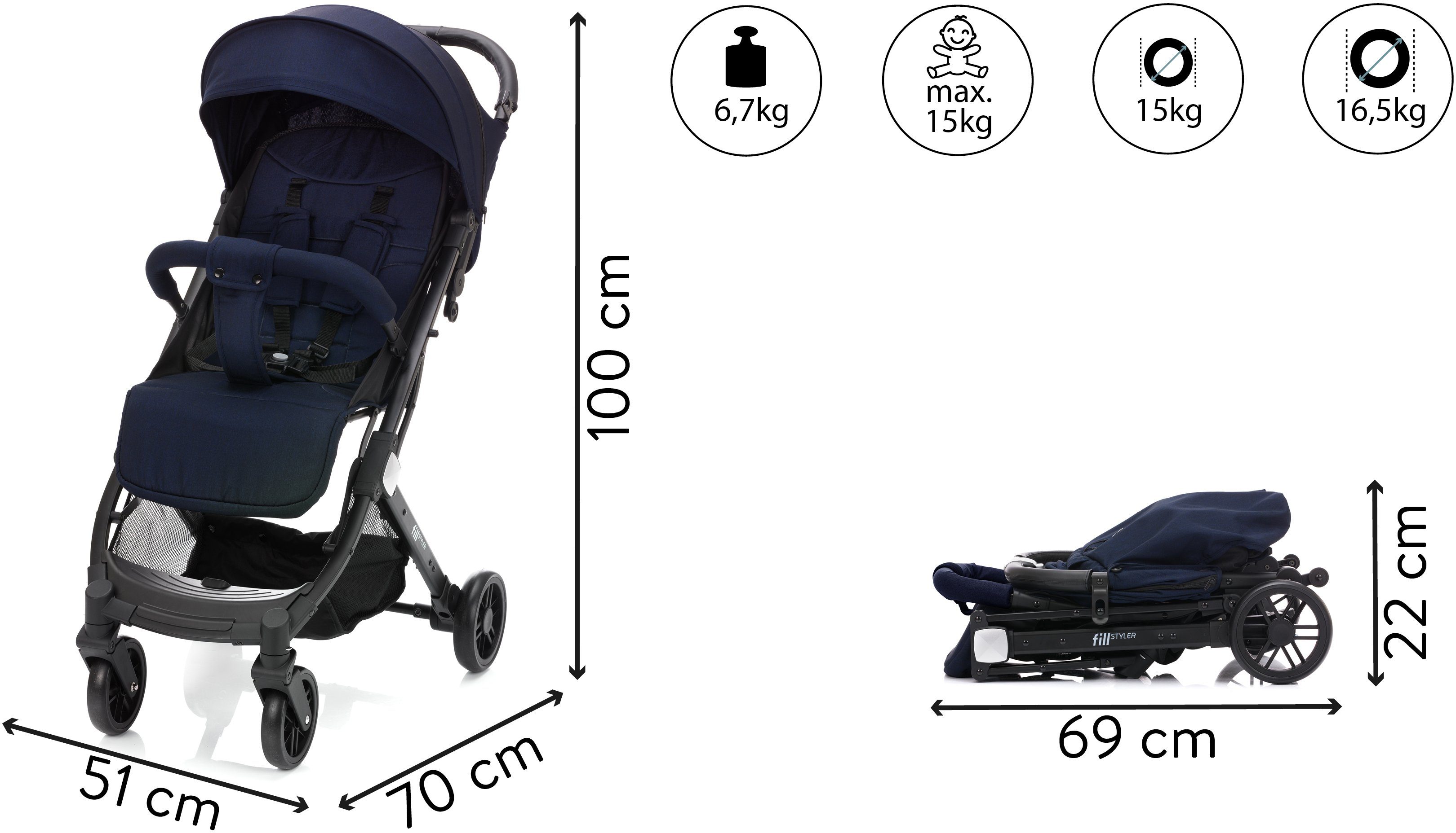 Fillikid Sport-Kinderwagen Styler, blau melange, mit Trolleygriff