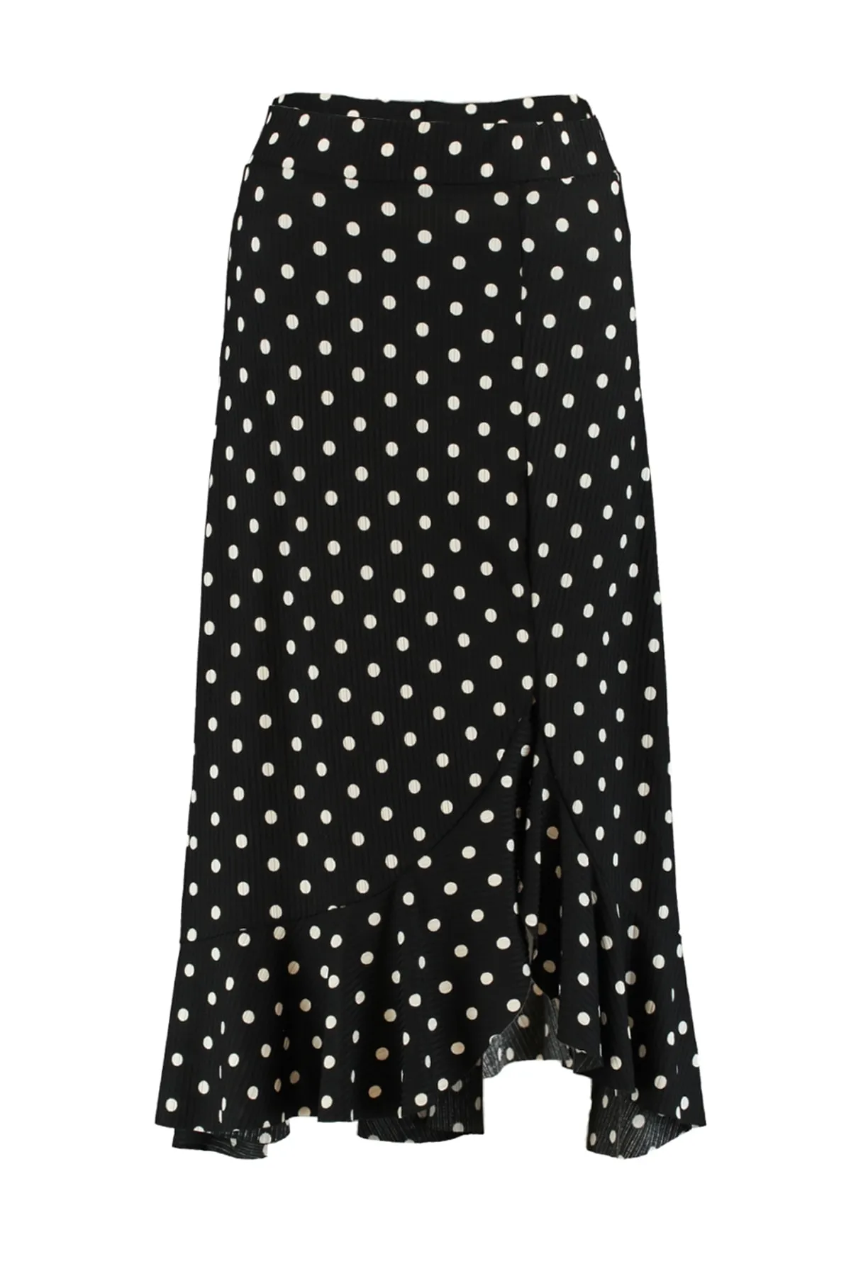 Trendyol Collection  Schwarzer Midi-Stretch-Strickrock mit hohem Bund und Tupfenmuster, Raffung und Volant TWOSS21ET0029