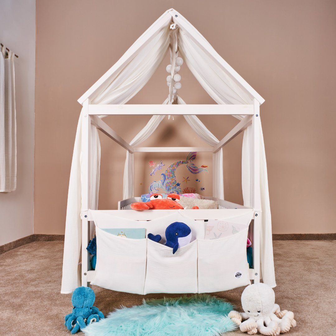 Alavya Panda Betttasche KANGOO Babybett Musselin Tasche Organizer Betttasche (Aufbewahrung für Kinderbett I Windeln Babybetttasche I Babybett Hängeorganizer Kinderzimmer), 90x38 cm Bett Organizer zum Aufhängen von Windeln Kinder Spielzeug