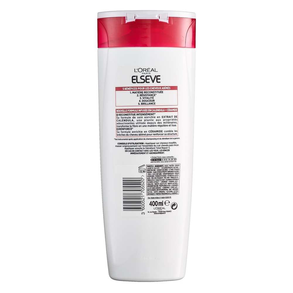 L'Oréal Paris Elseve Total Repair 5 Shampoing reconstituant cheveux abîmés enrichi en acides aminés et céramide