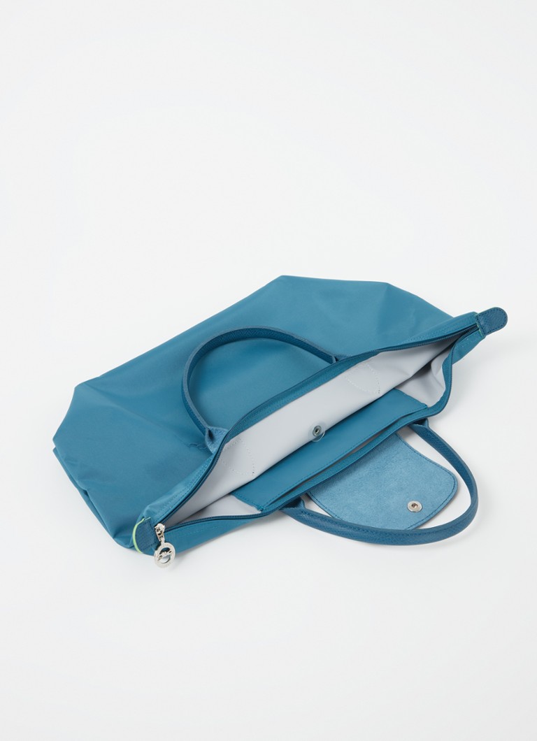 Geantă verde Longchamp Le Pliage, mărimea M, cu detalii din piele.