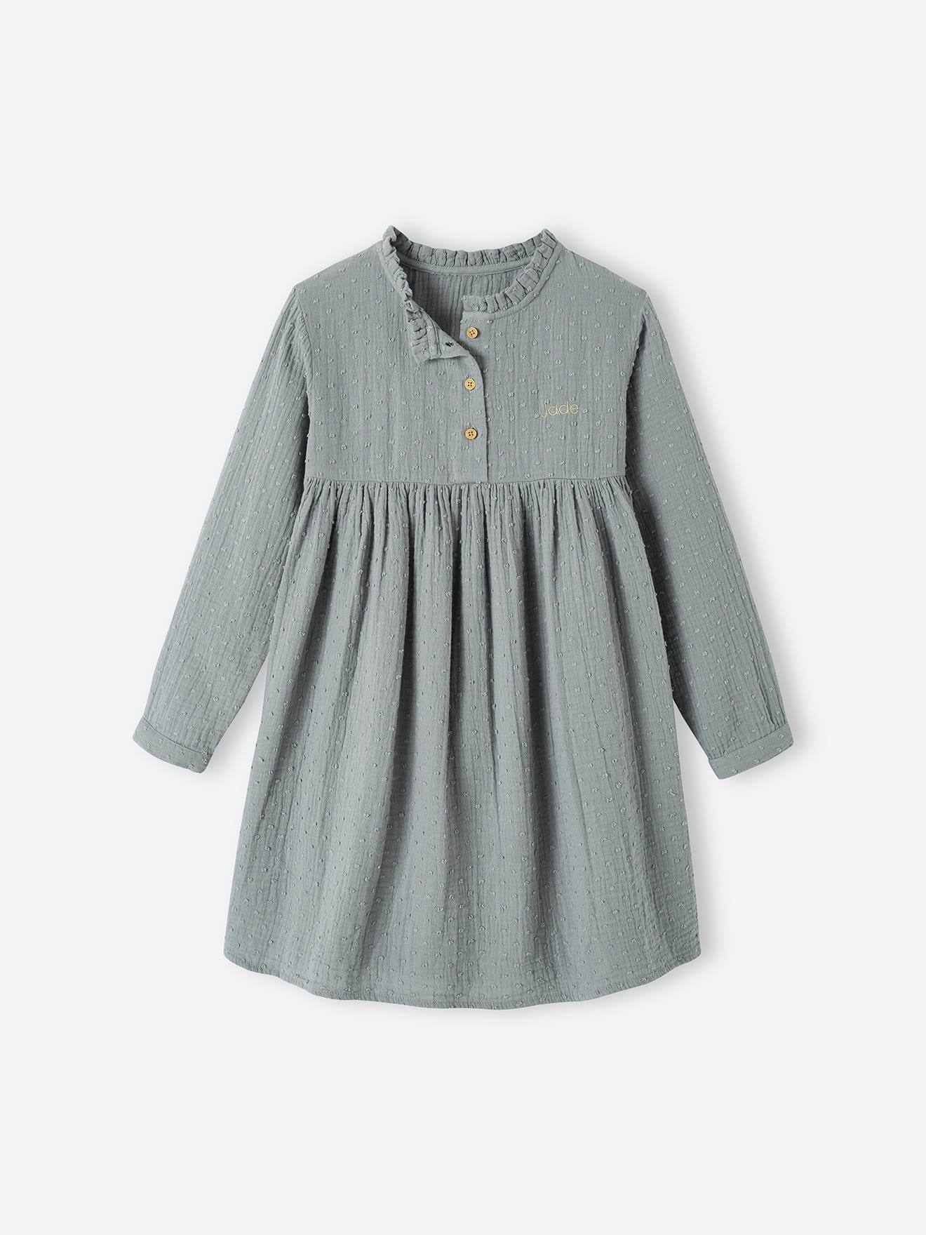 Robe en gaze de coton détails fantaisie fille beige