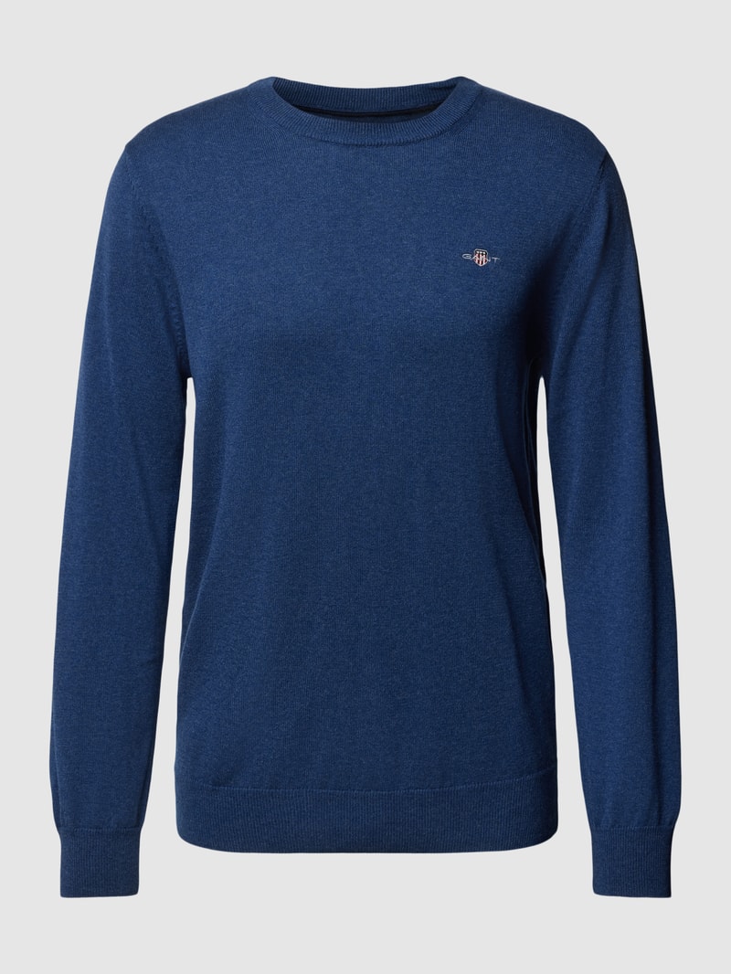 Strickpullover mit Rundhalsausschnitt und Label-Stitching in marineblau meliert