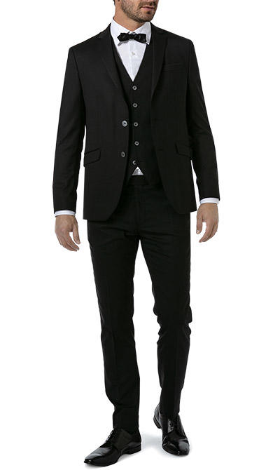 HECHTER PARIS, Anzug mit Weste, Shape Fit, Schurwoll-Stretch, schwarz