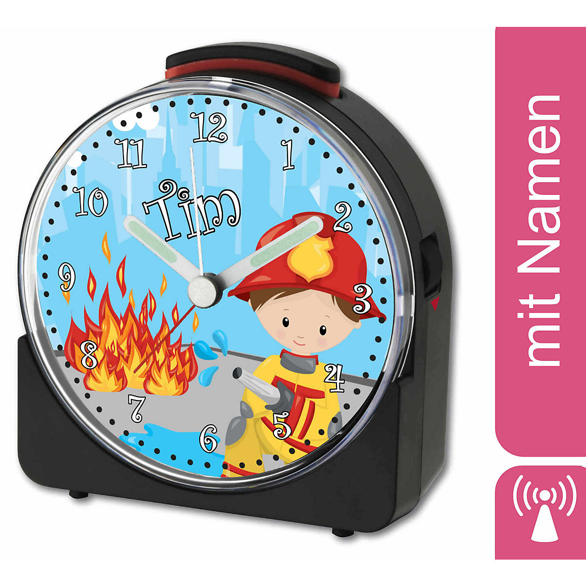 Kinder Funkwecker weiß personalisiert mit Namen Feuerwehrmann