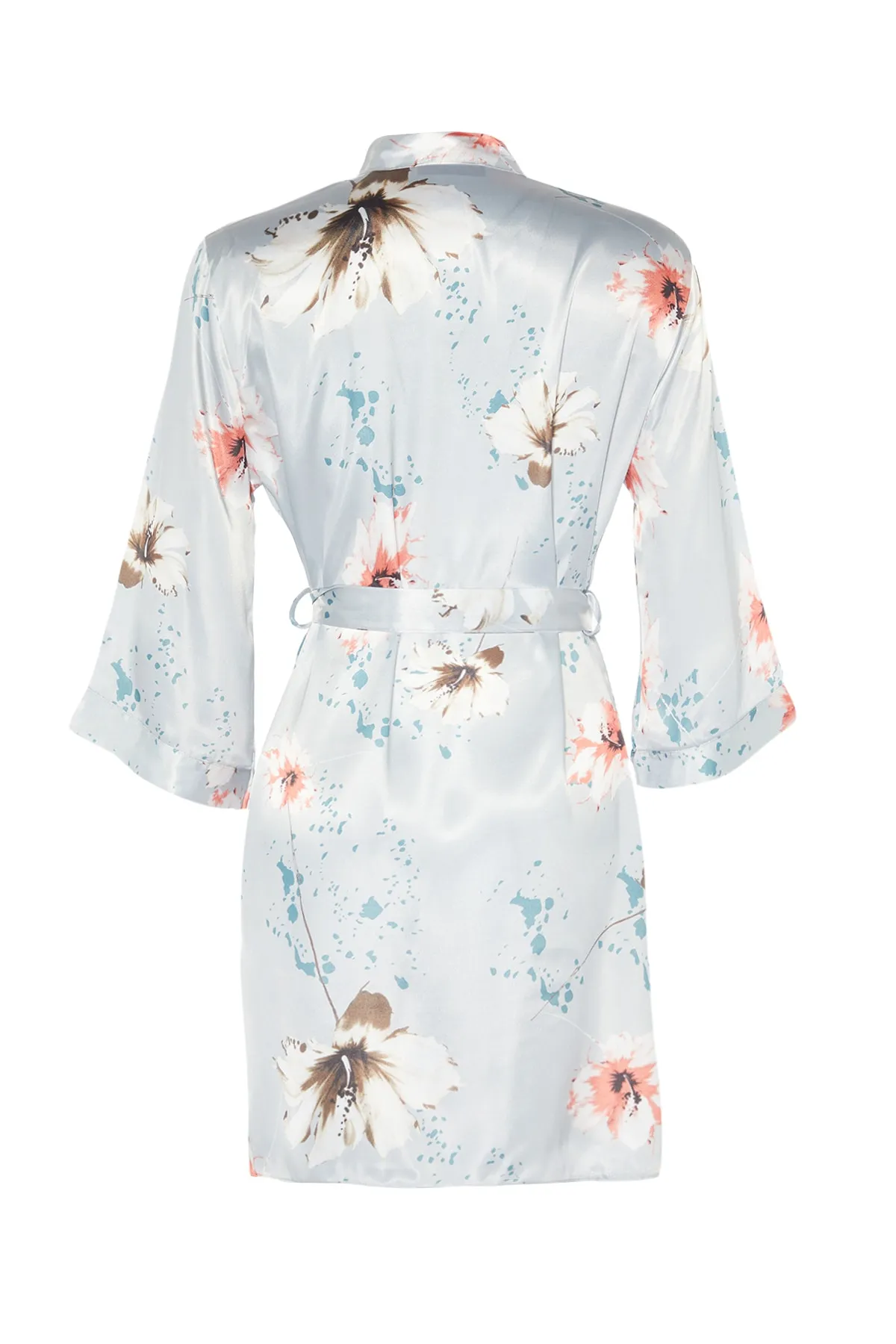 Trendyol Collection  Grauer Morgenmantel aus gewebtem Satin mit Blumenmuster und Gürtel THMSS21SB0005