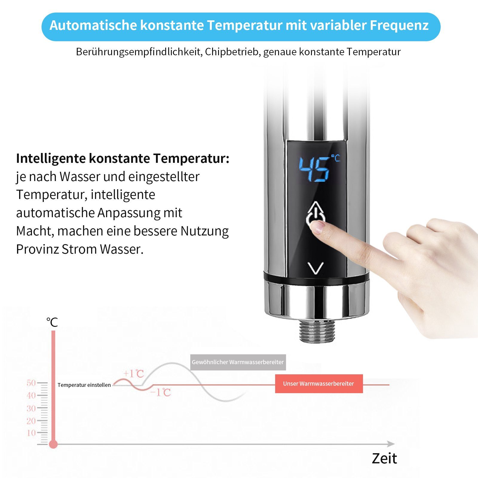 TWSOUL Klein-Durchlauferhitzer 3500W Smart Inverter Elektrischer Durchlauferhitzer Silber, 30,00 °C, max 52,00 °C, Automatische Frequenzumwandlung bei konstanter Temperatur