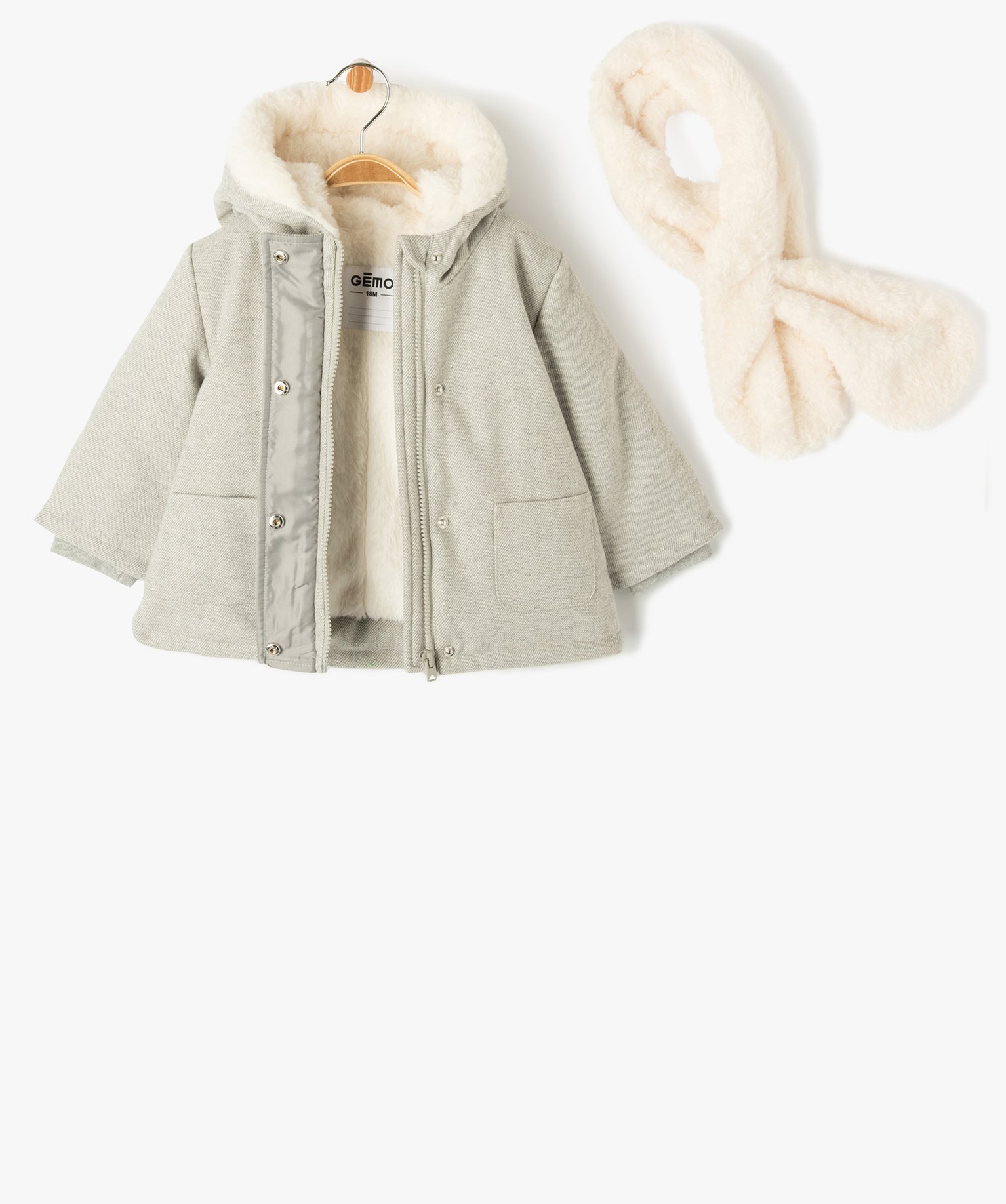 Manteau à capuche doublé peluche avec écharpe bébé fille gris clair | GEMO