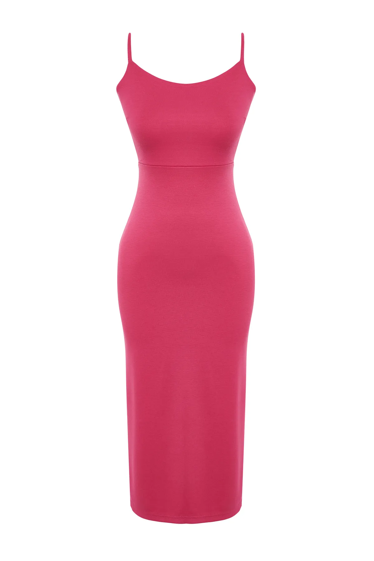 Trendyol Collection  Fuchsiafarbenes, figurbetontes Midi-Bleistiftkleid aus flexiblem Strick mit Cut-Outs, Schlitzen und Trägern TWOSS24EL00139