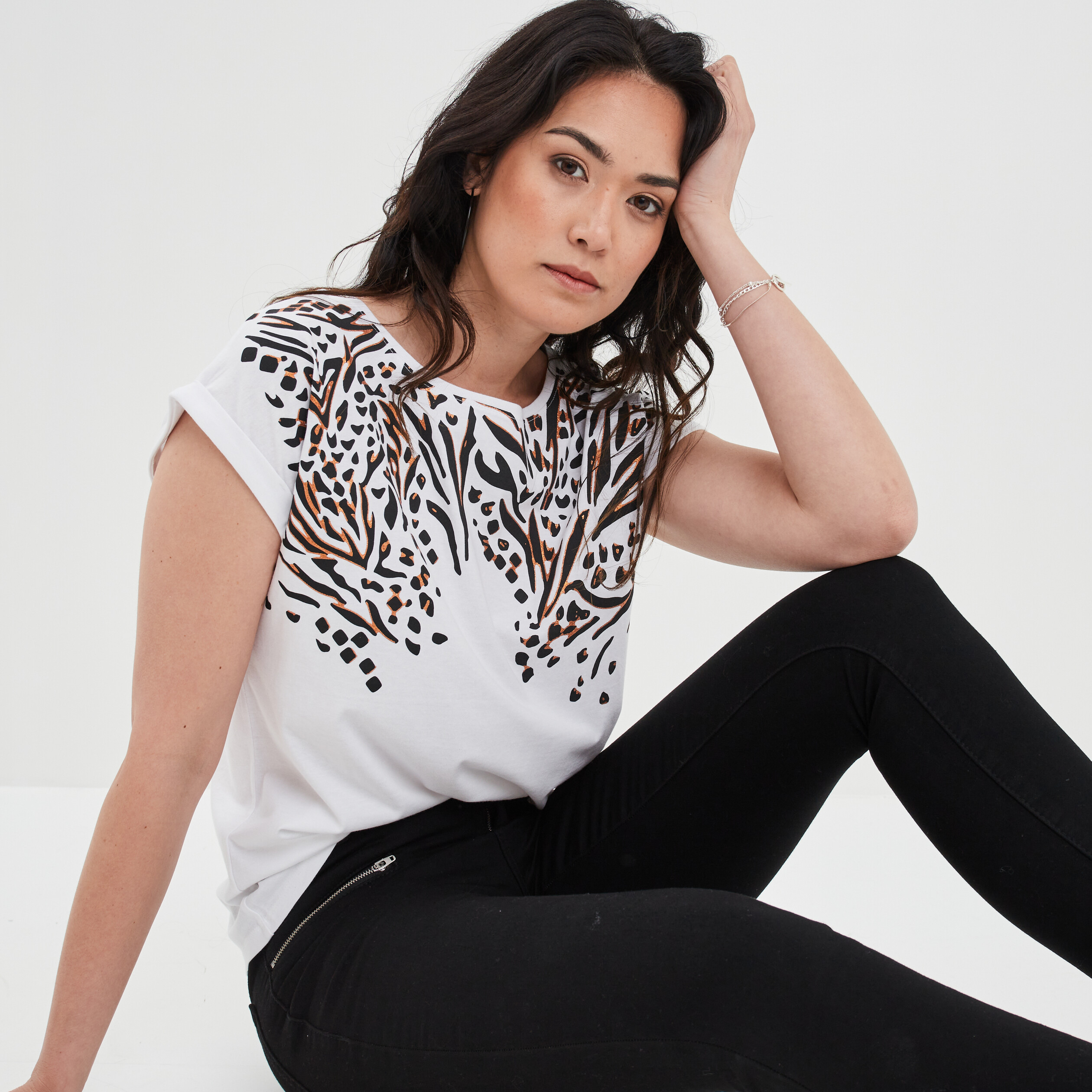 T-shirt ajusté col rond coton Liberto ecru femme | La Halle