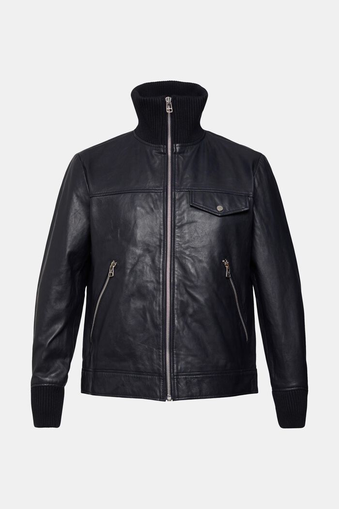 Lederjacke mit Kragen in Rippstrickoptik