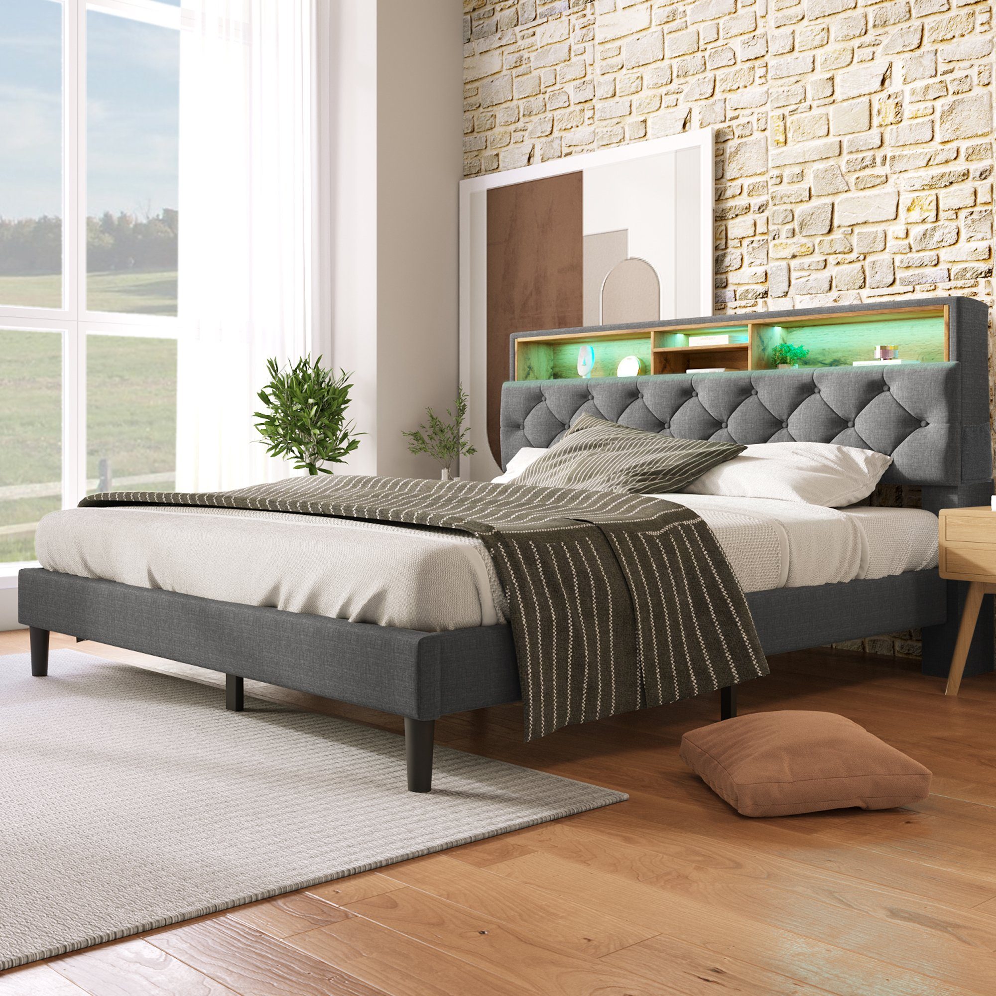 Ulife Polsterbett Doppelbett mit LED-Beleuchtung (Packung, 1 Bett), mit aufladen USB und LED-Beleuchtung Bettgestell