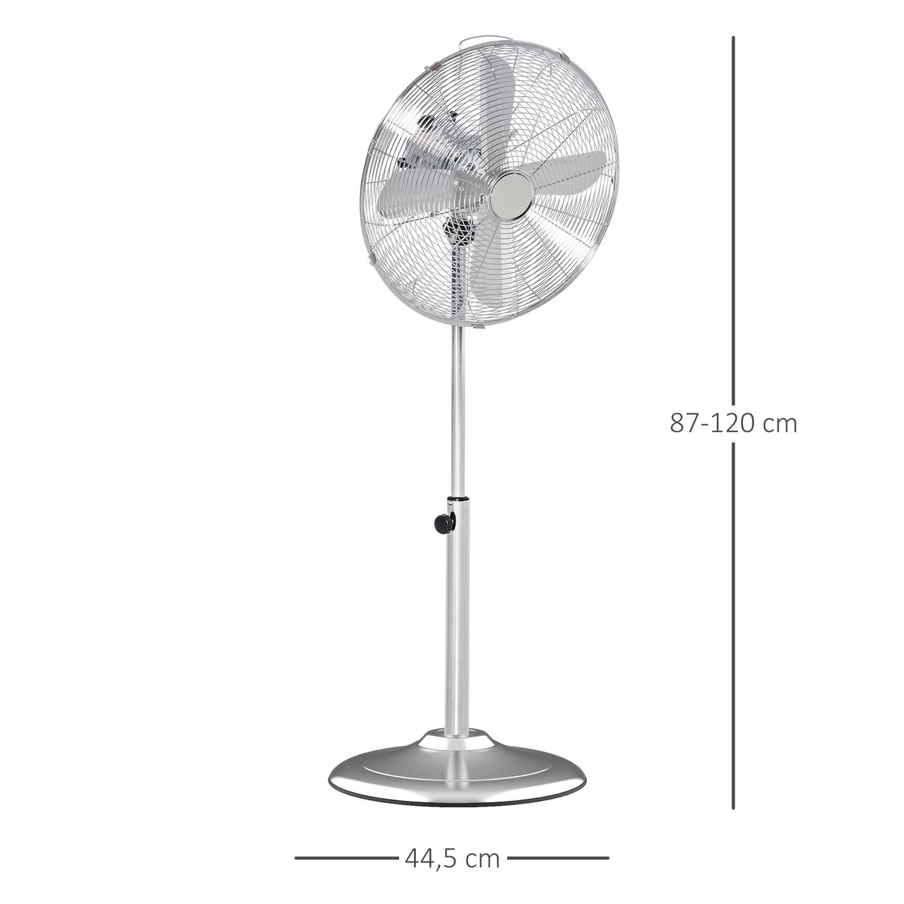 HOMCOM 120 cm Standventilator, Ventilator, Höhenverstellbarer Lüfter, 3 Geschwindigkeitsstufen, Verstellbarer Neigungswinkel, Stahl, Silber