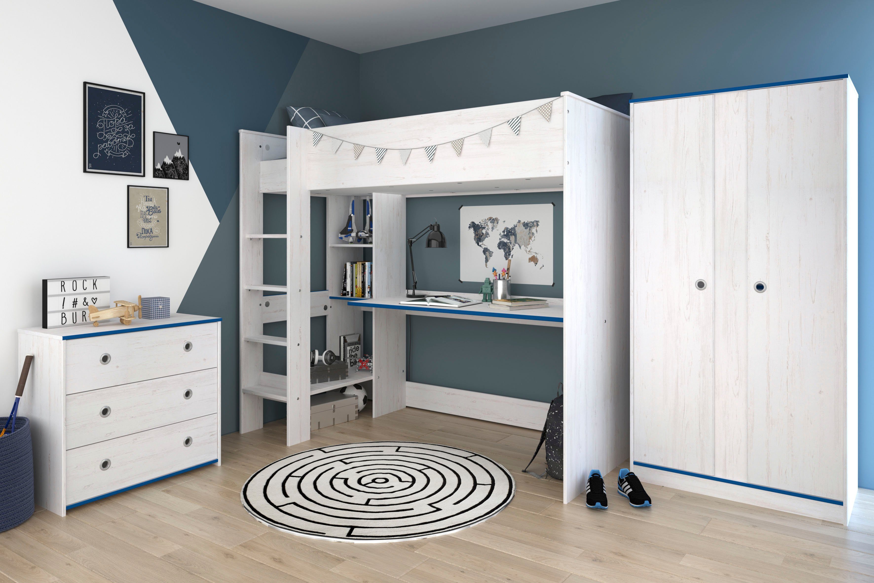 Parisot Jugendzimmer-Set Smoozy, (Set, 3-St., Hochbett mit Schreibtisch, Kleiderschrank und Schubkastenkommode)