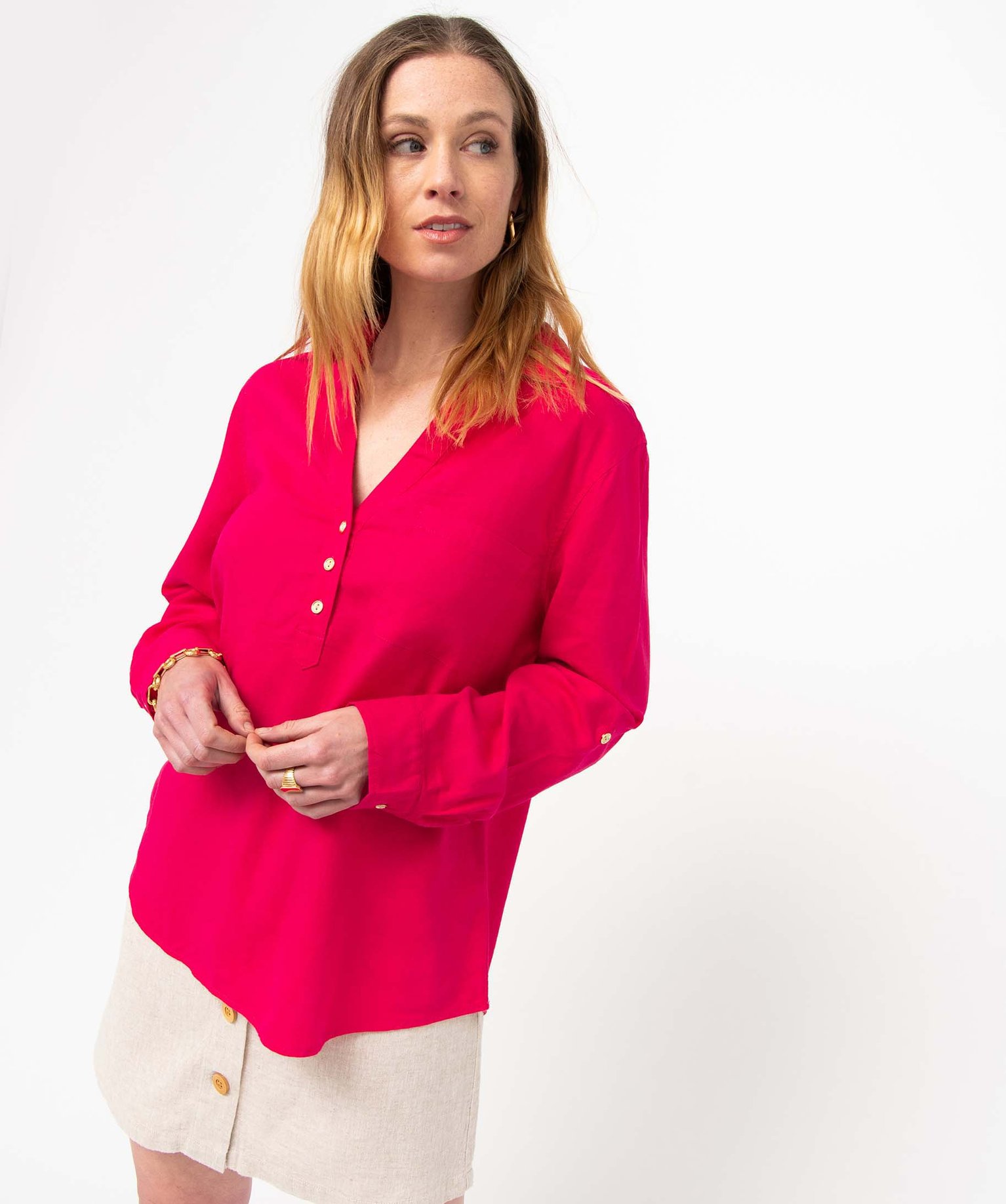 Chemise femme avec col boutonné contenant du lin rose | GEMO