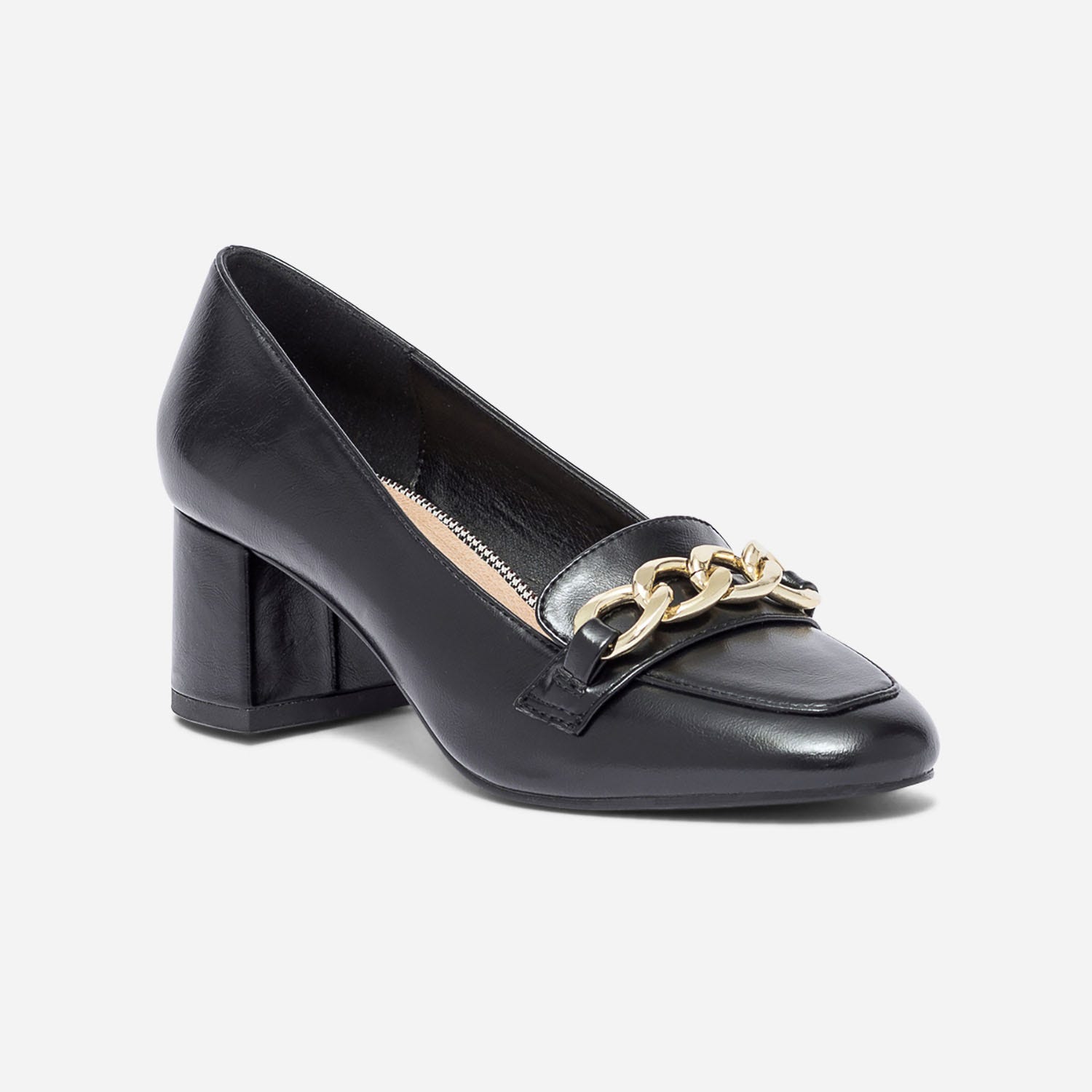 Escarpin noir à talon et chaîne-bijou