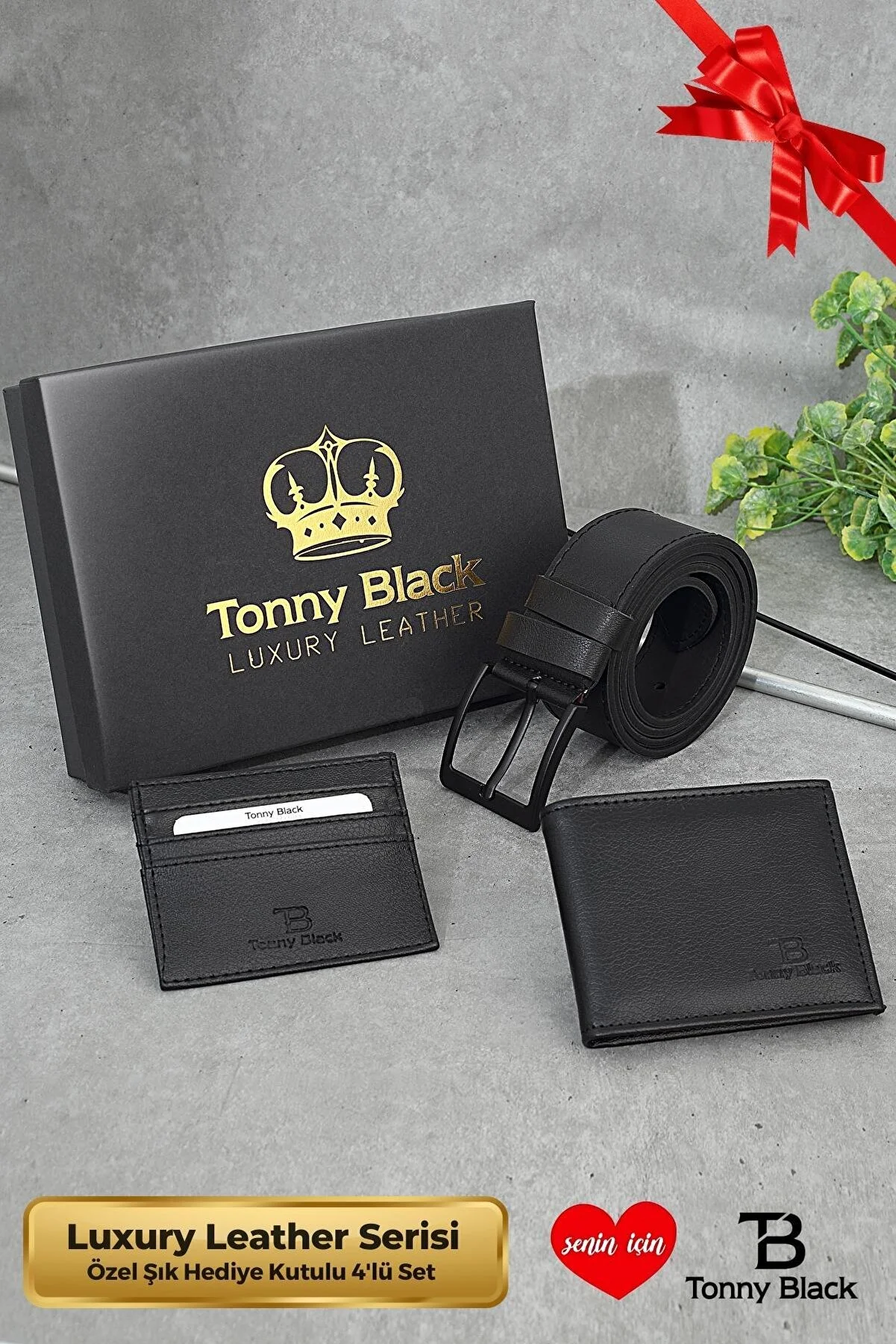 Tonny Black  Originales 3-teiliges Herren-Set in besonderer Geschenkbox, luxuriöses Geschenk für den Bräutigam, stilvoller Ledergürtel, Geldbörse und Kartenhalter