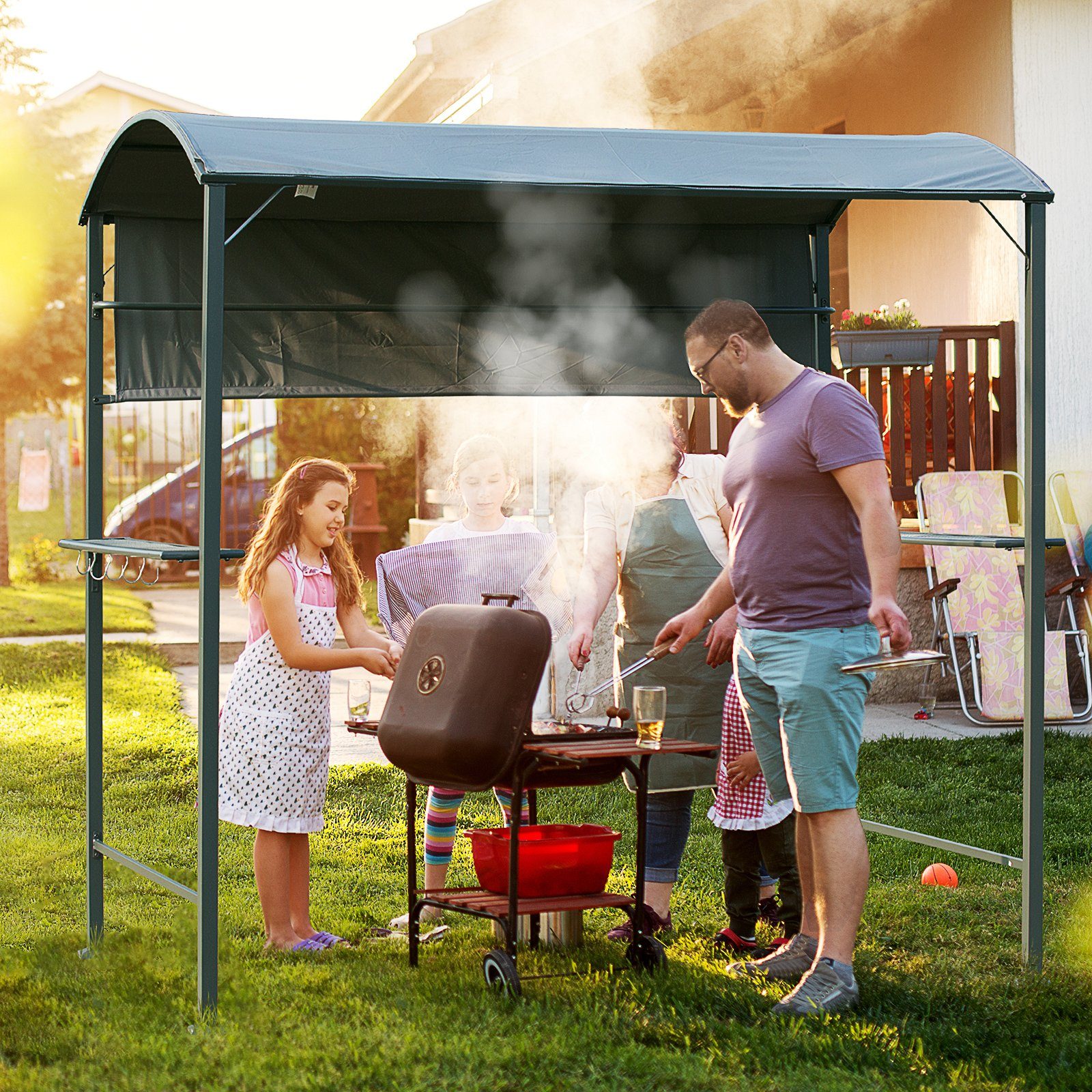 Outsunny Grillpavillon Grillpavillon mit Flammenschutzdach