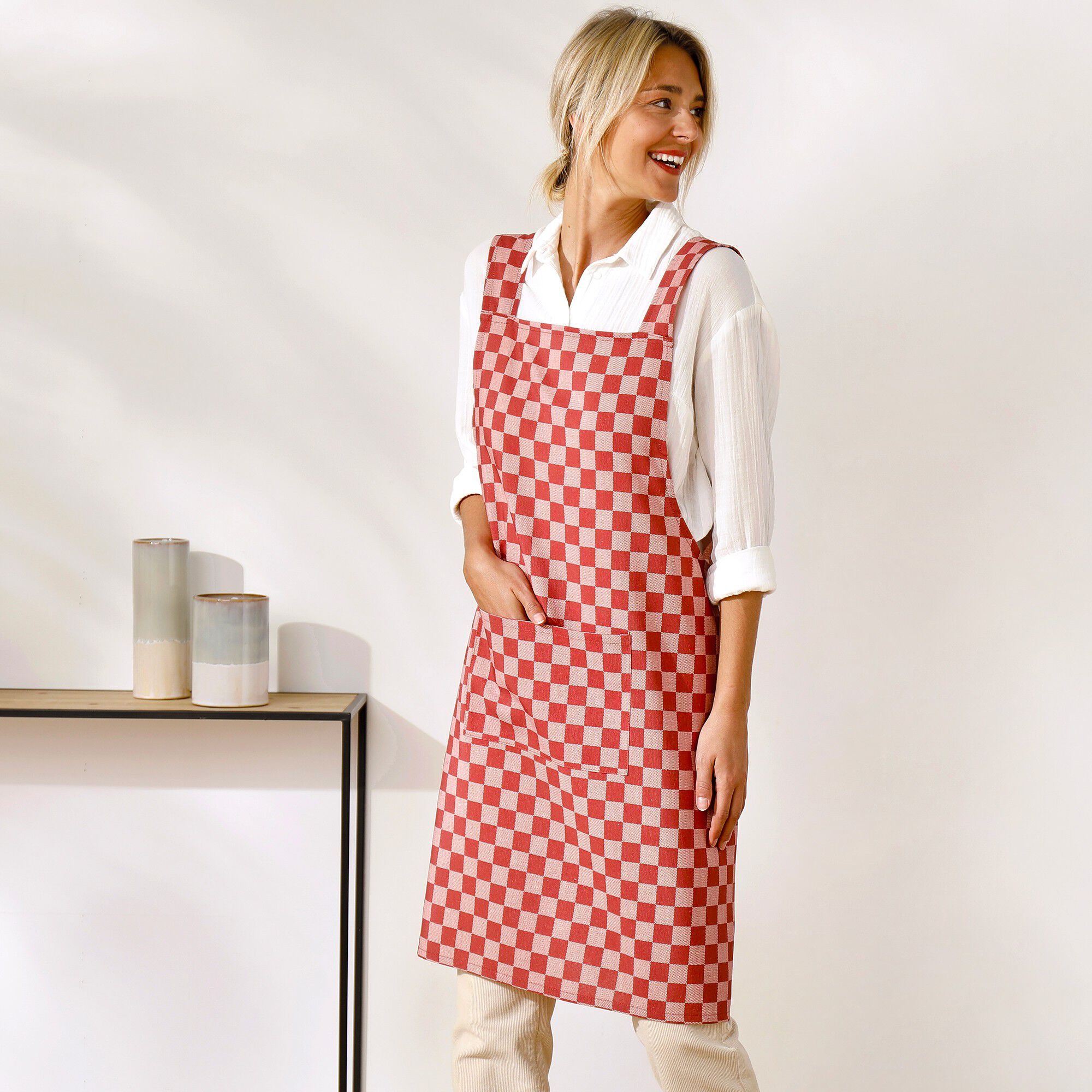 Tablier de cuisine carreaux vichy, forme japonaise