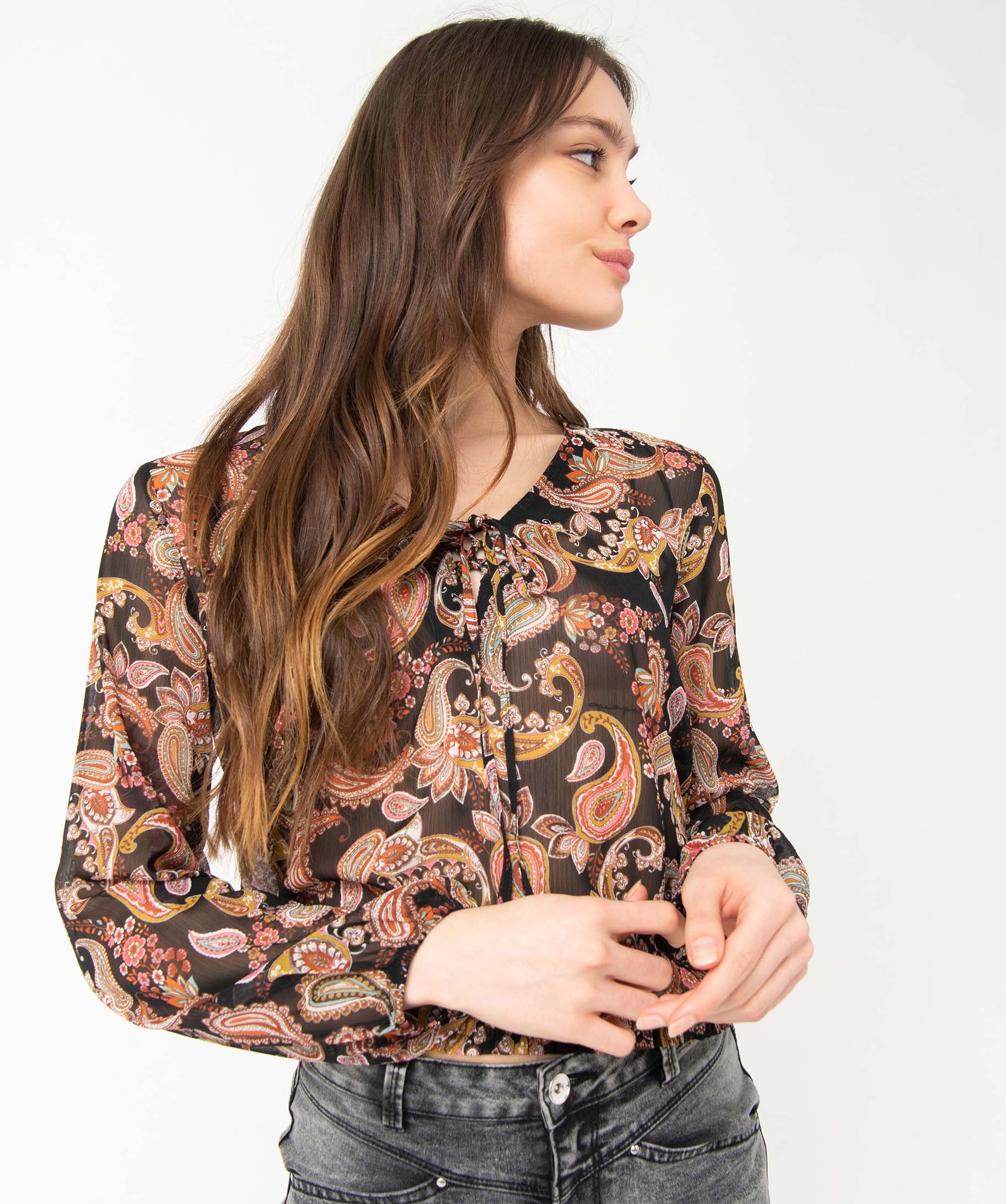 Blouse femme en voile imprimé avec finitions élastiques imprime | GEMO