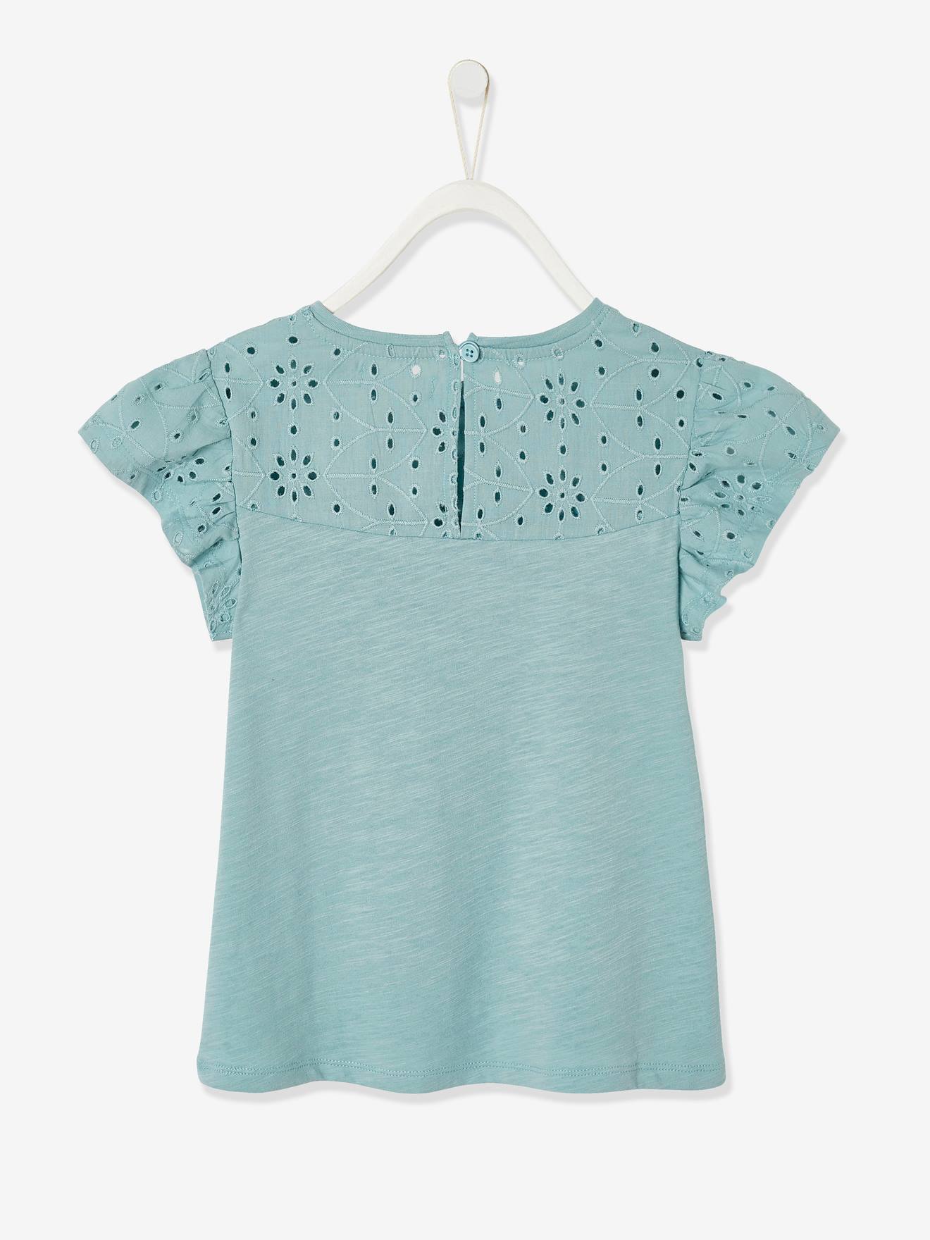T-shirt fille avec détails broderie anglaise bleu marine
