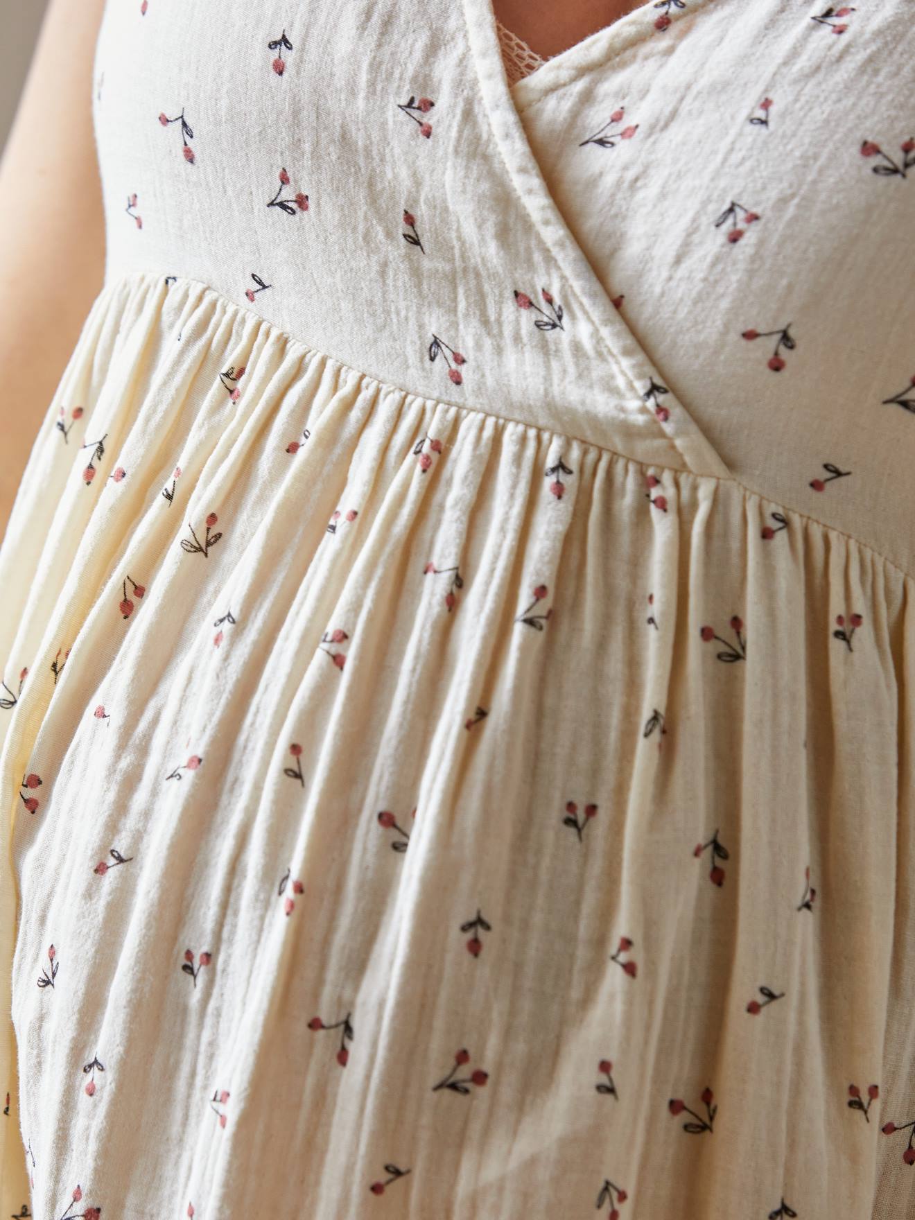 Robe courte gaze de coton grossesse et allaitement beige imprimé