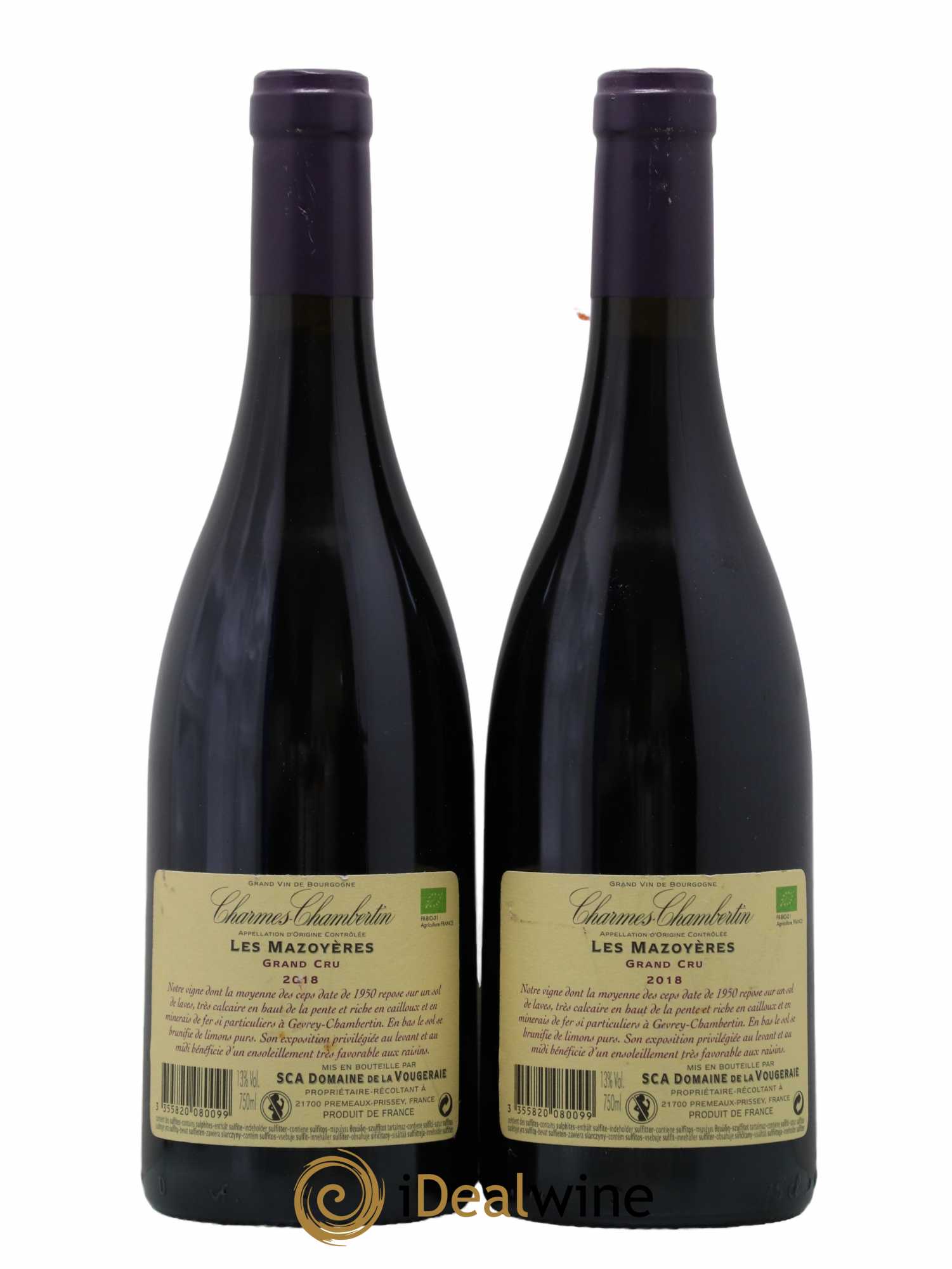 Charmes-Chambertin Grand Cru Les Mazoyères La Vougeraie  2018 - Lot de 2 Bouteilles