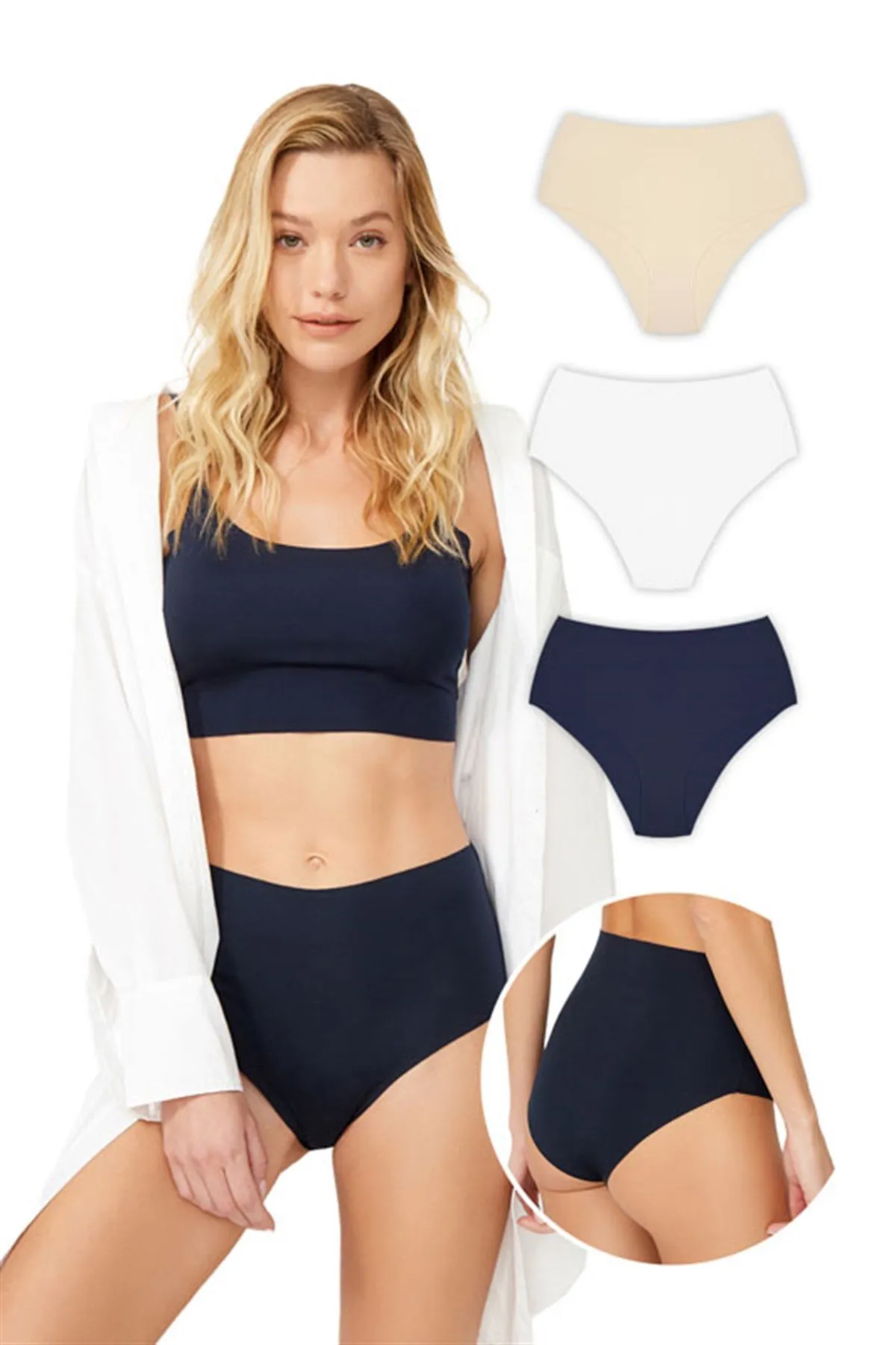 Cottonhill  Basic-Bikini-Höschen mit hoher Taille, lasergeschnitten, 3er-Pack – 3