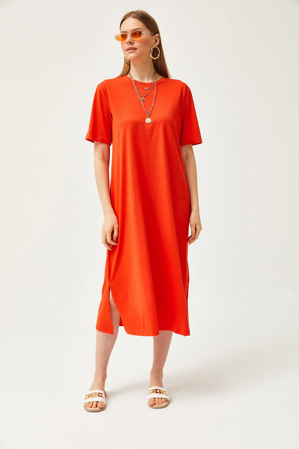 Olalook  Oranges Oversize-Baumwollkleid mit Seitenschlitz für Damen ELB-19001880