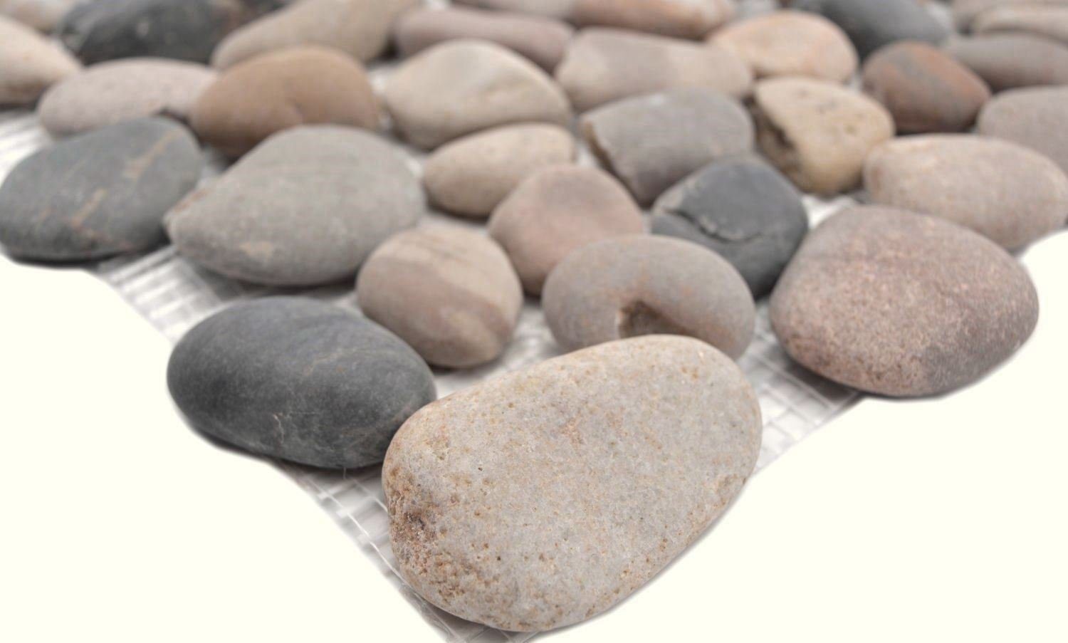 Mosani Mosaikfliesen Flußkiesel gewölbt beige grau schwarz creme anthrazit Duschwand Küche